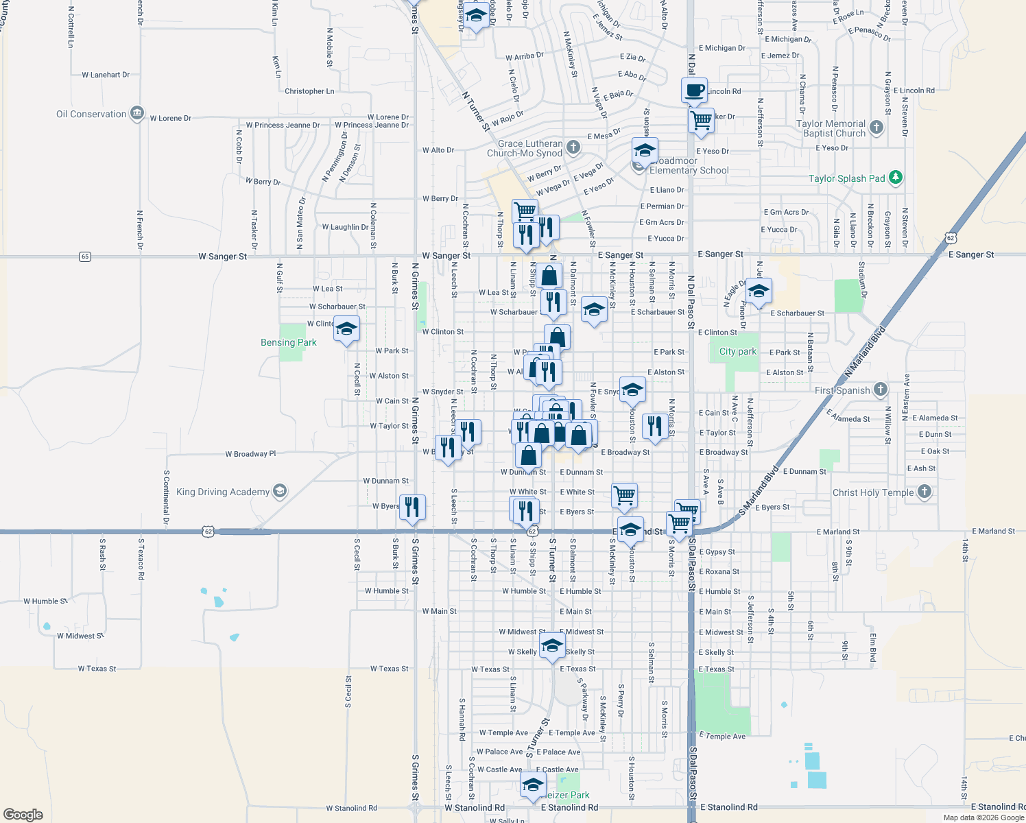 map of restaurants, bars, coffee shops, grocery stores, and more near 298 West Cain Street in Hobbs