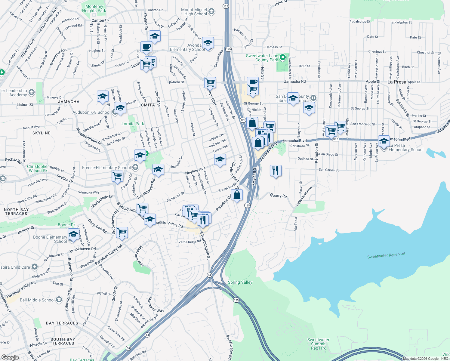 map of restaurants, bars, coffee shops, grocery stores, and more near 454 Parkbrook Street in Spring Valley