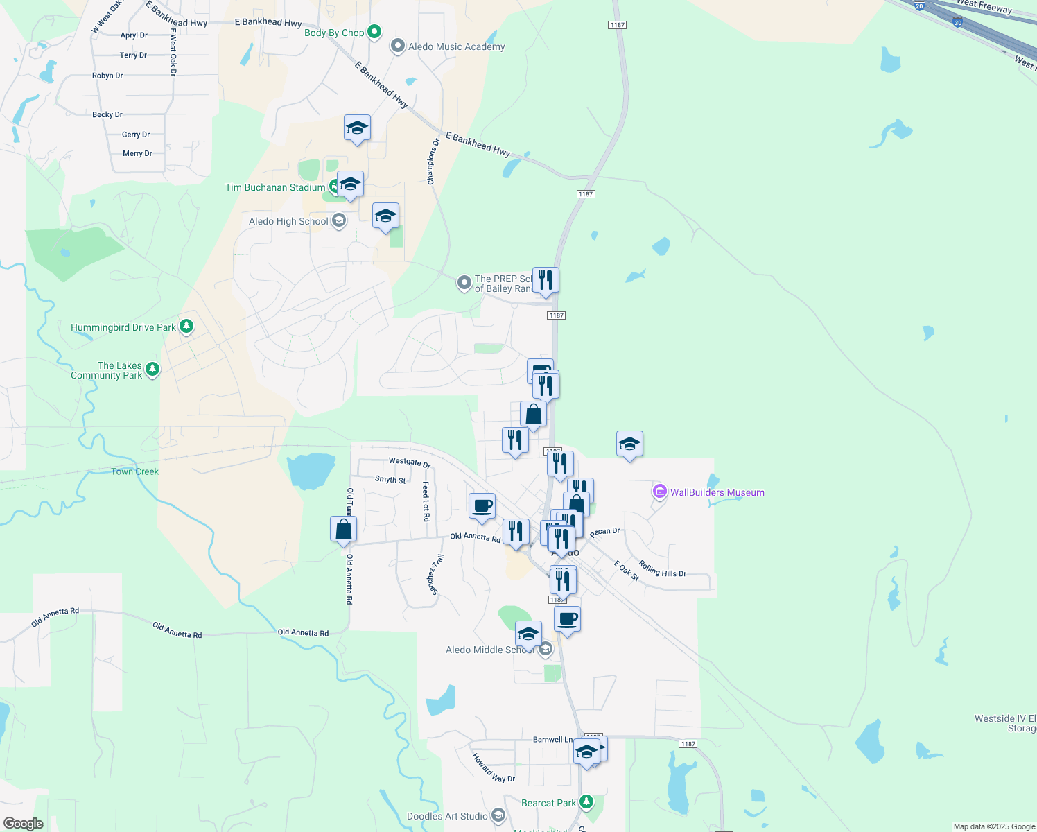 map of restaurants, bars, coffee shops, grocery stores, and more near 128 John St in Aledo