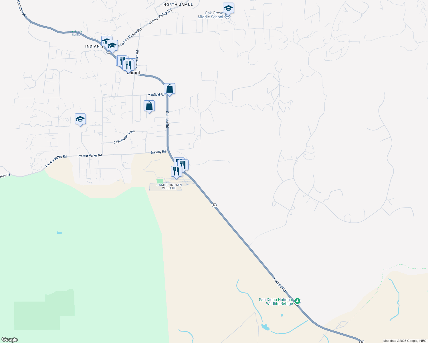map of restaurants, bars, coffee shops, grocery stores, and more near 14135 Campo Road in Jamul