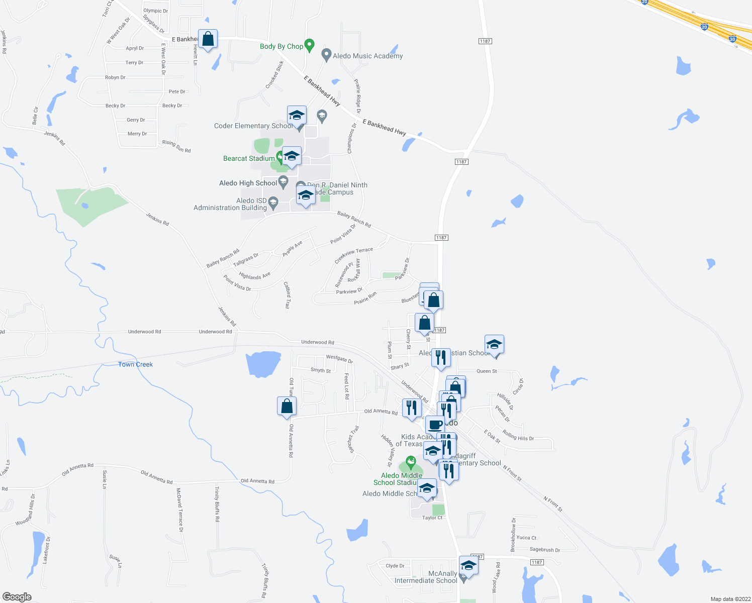 map of restaurants, bars, coffee shops, grocery stores, and more near 315 Bluestem Lane in Aledo