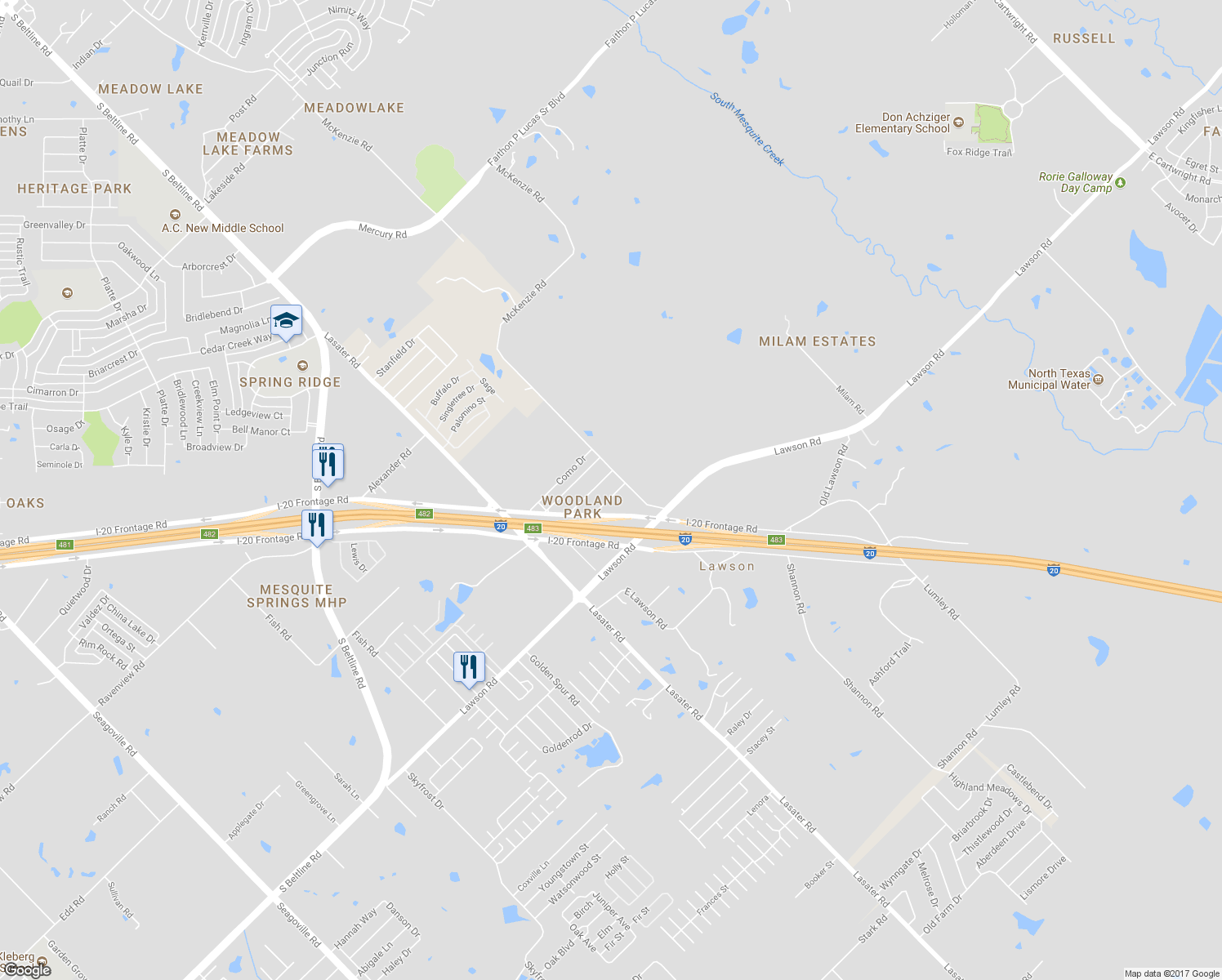 map of restaurants, bars, coffee shops, grocery stores, and more near 227 Redwood Street in Mesquite