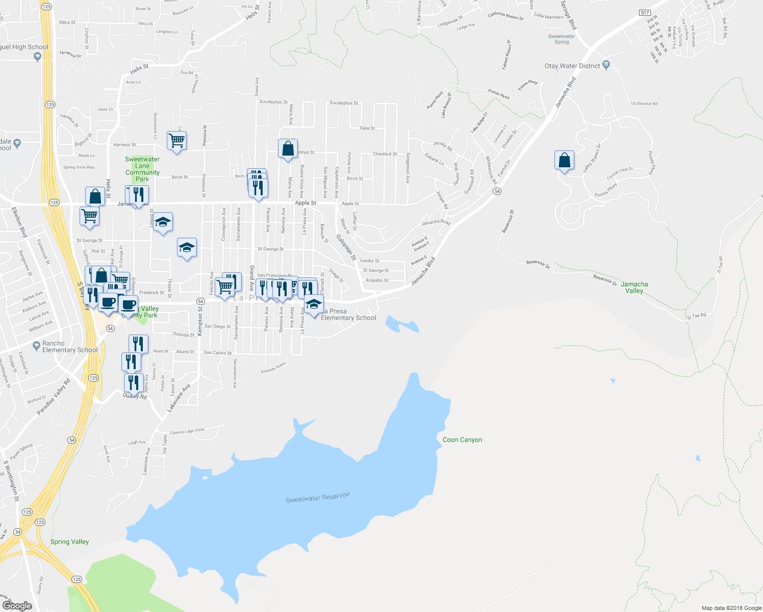 map of restaurants, bars, coffee shops, grocery stores, and more near 9809 San Diego Street in Spring Valley