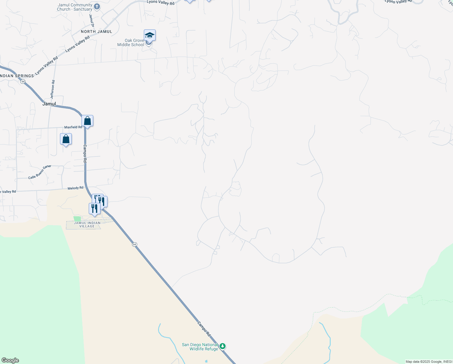 map of restaurants, bars, coffee shops, grocery stores, and more near 15223 Presilla Drive in Jamul