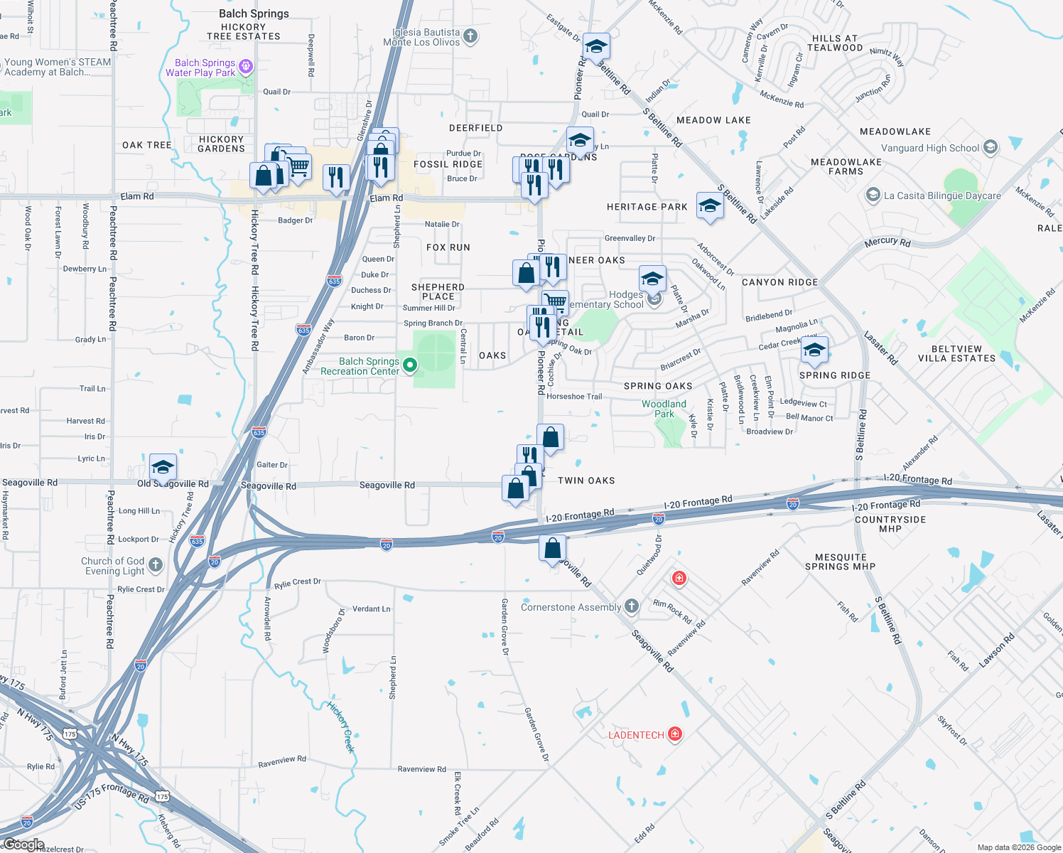 map of restaurants, bars, coffee shops, grocery stores, and more near 4609 Pioneer Road in Balch Springs