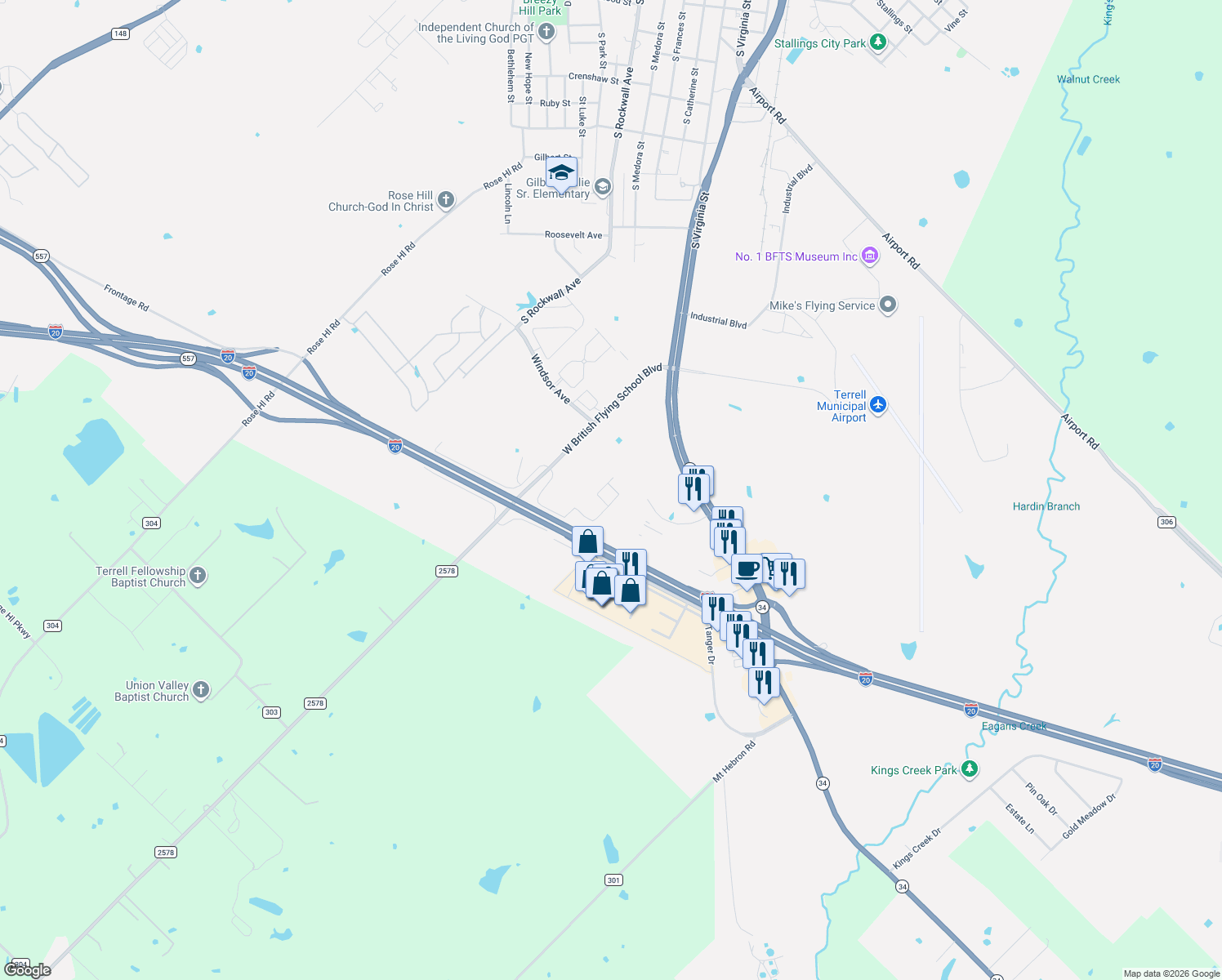 map of restaurants, bars, coffee shops, grocery stores, and more near 207 North Frances Street in Terrell