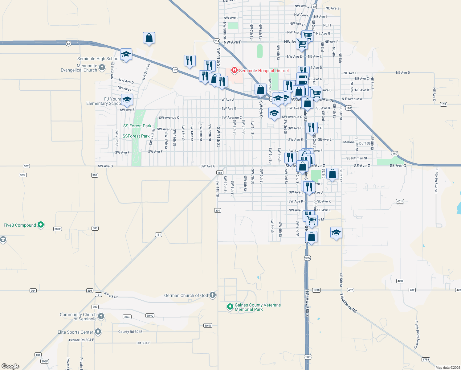 map of restaurants, bars, coffee shops, grocery stores, and more near 902 Southwest 9th Street in Seminole