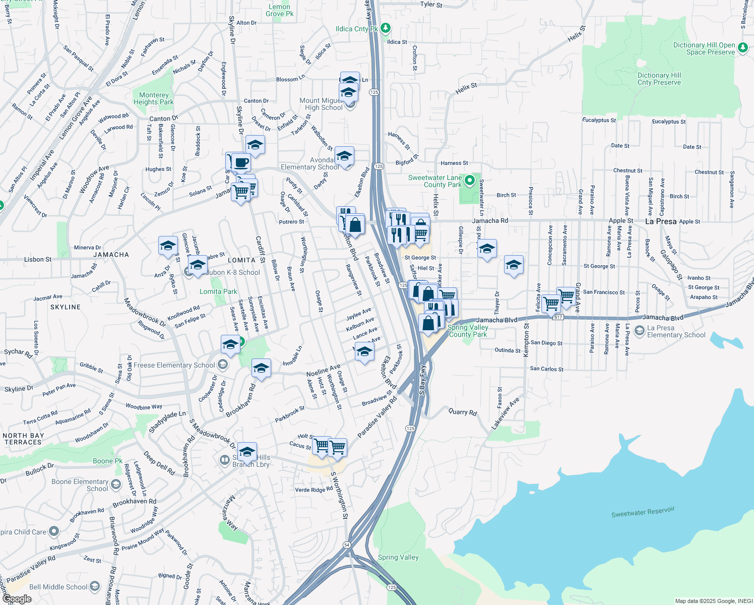 map of restaurants, bars, coffee shops, grocery stores, and more near 753 Elkelton Boulevard in Spring Valley