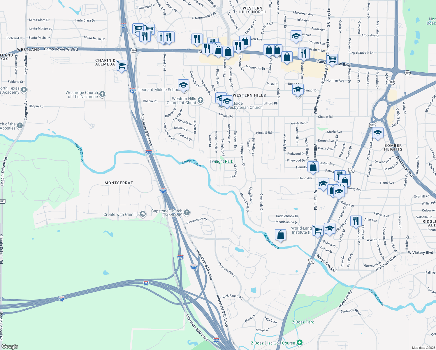 map of restaurants, bars, coffee shops, grocery stores, and more near 4305 Marys Creek Drive in Benbrook