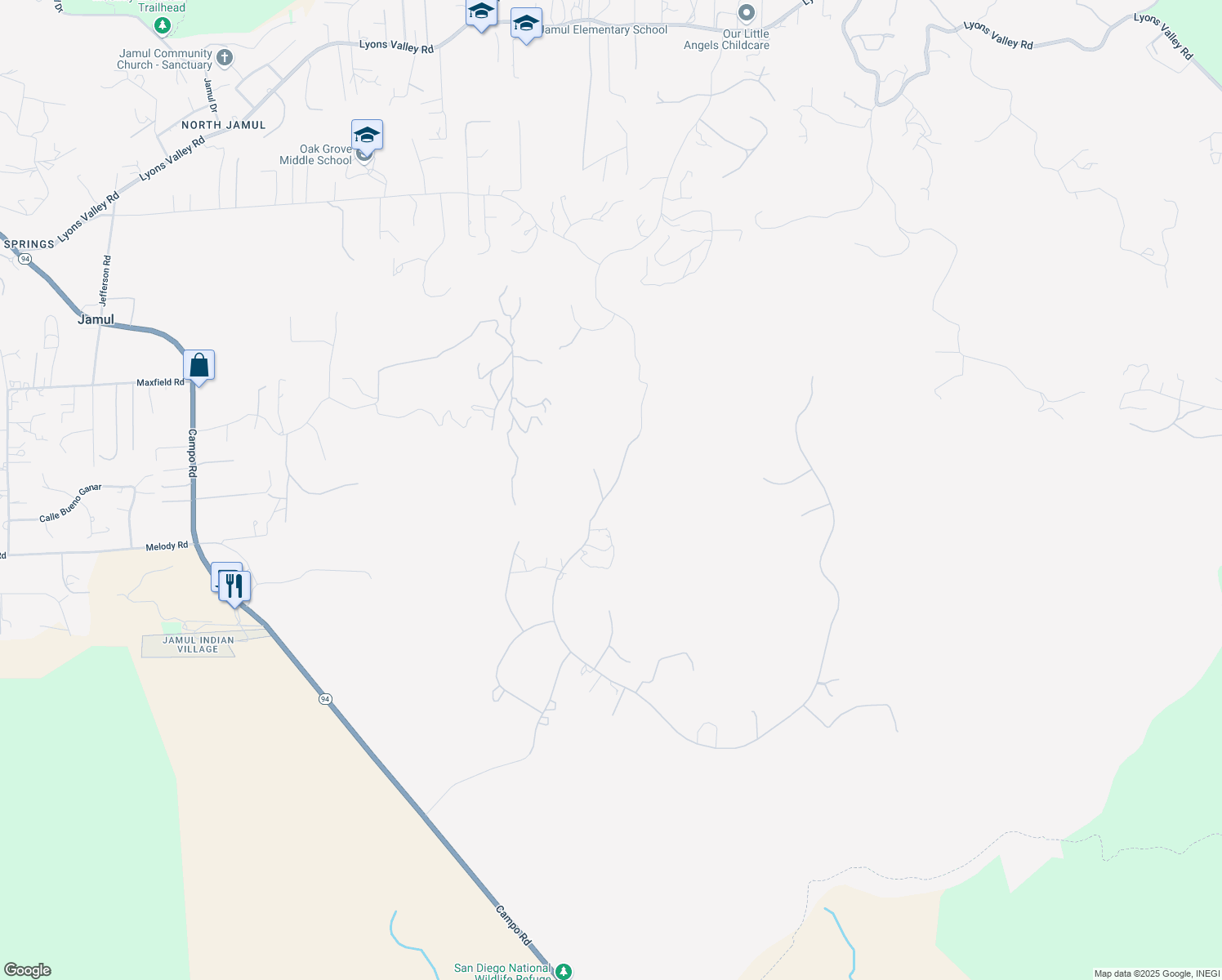 map of restaurants, bars, coffee shops, grocery stores, and more near Presilla Drive in Jamul