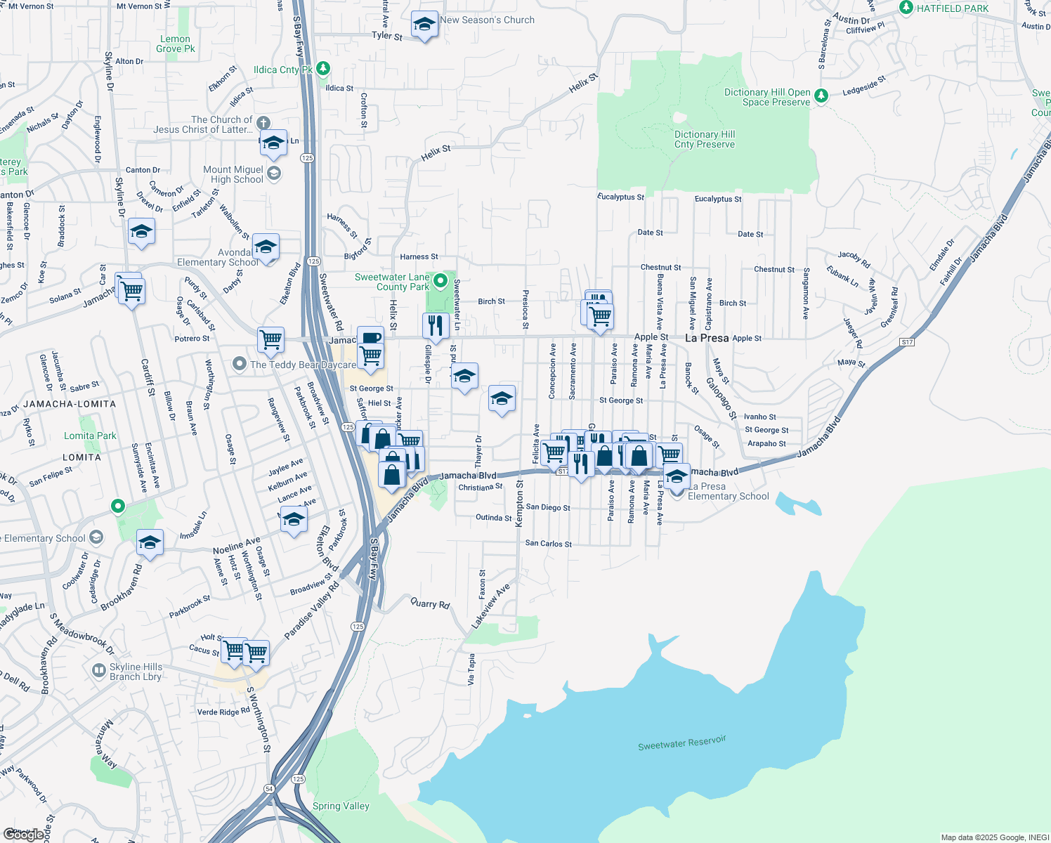 map of restaurants, bars, coffee shops, grocery stores, and more near 725 Kempton Street in Spring Valley