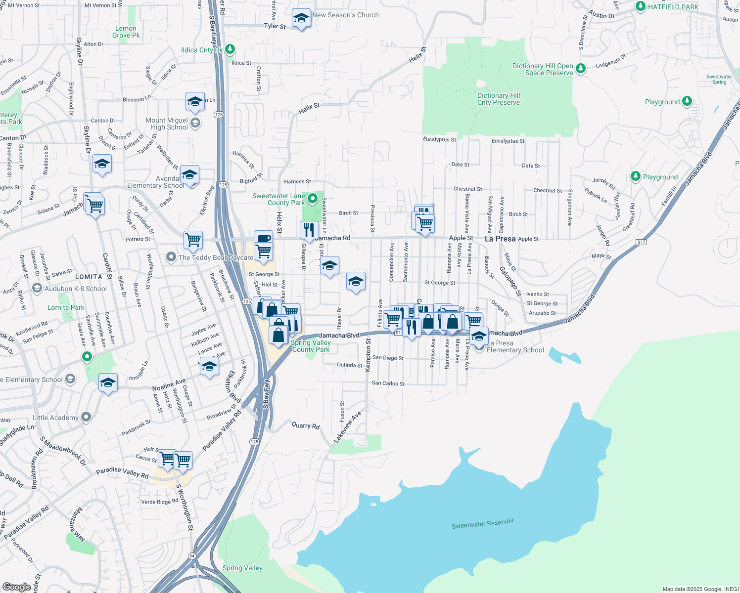 map of restaurants, bars, coffee shops, grocery stores, and more near 740 Kempton Street in Spring Valley