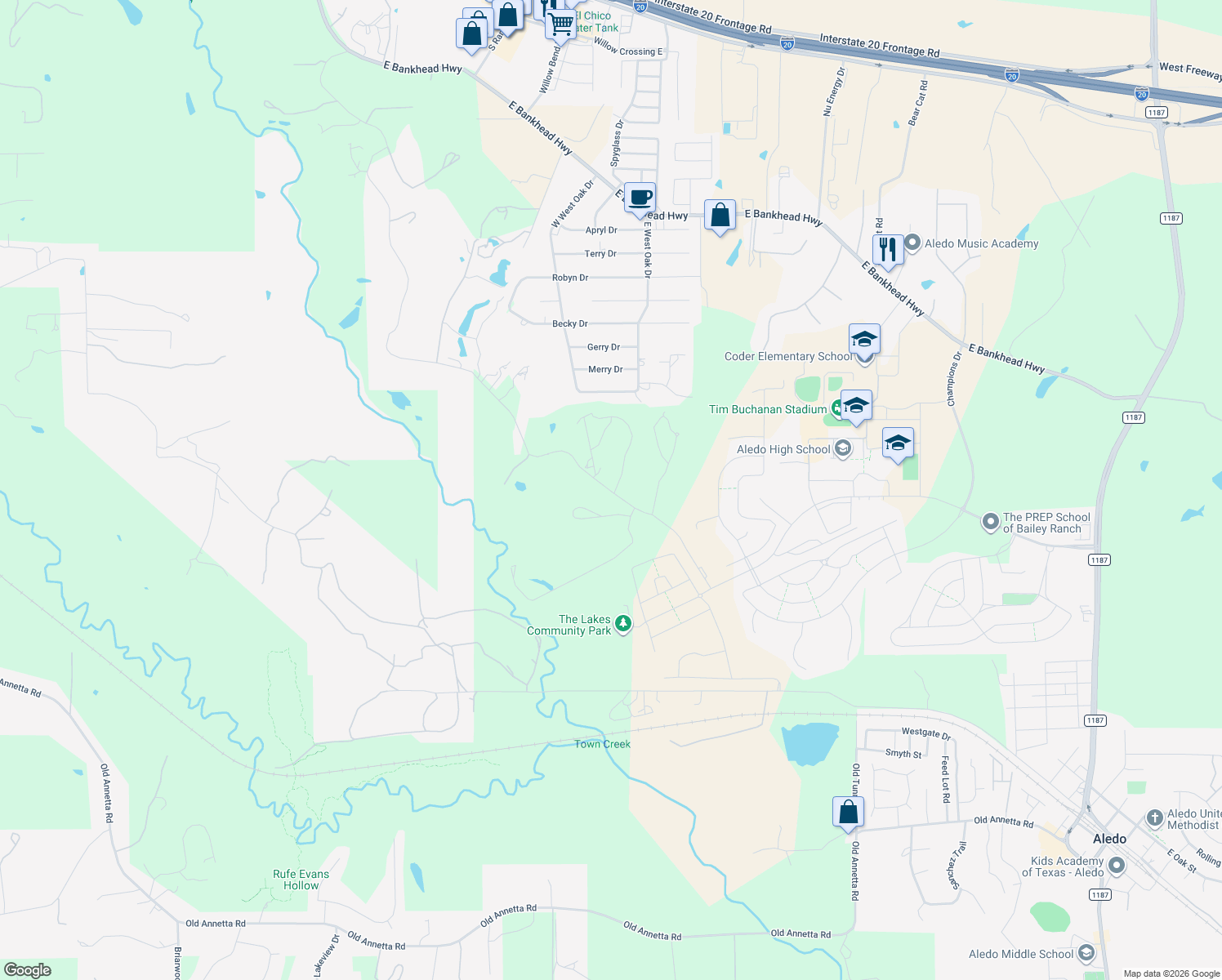 map of restaurants, bars, coffee shops, grocery stores, and more near 1500 Jenkins Road in Aledo