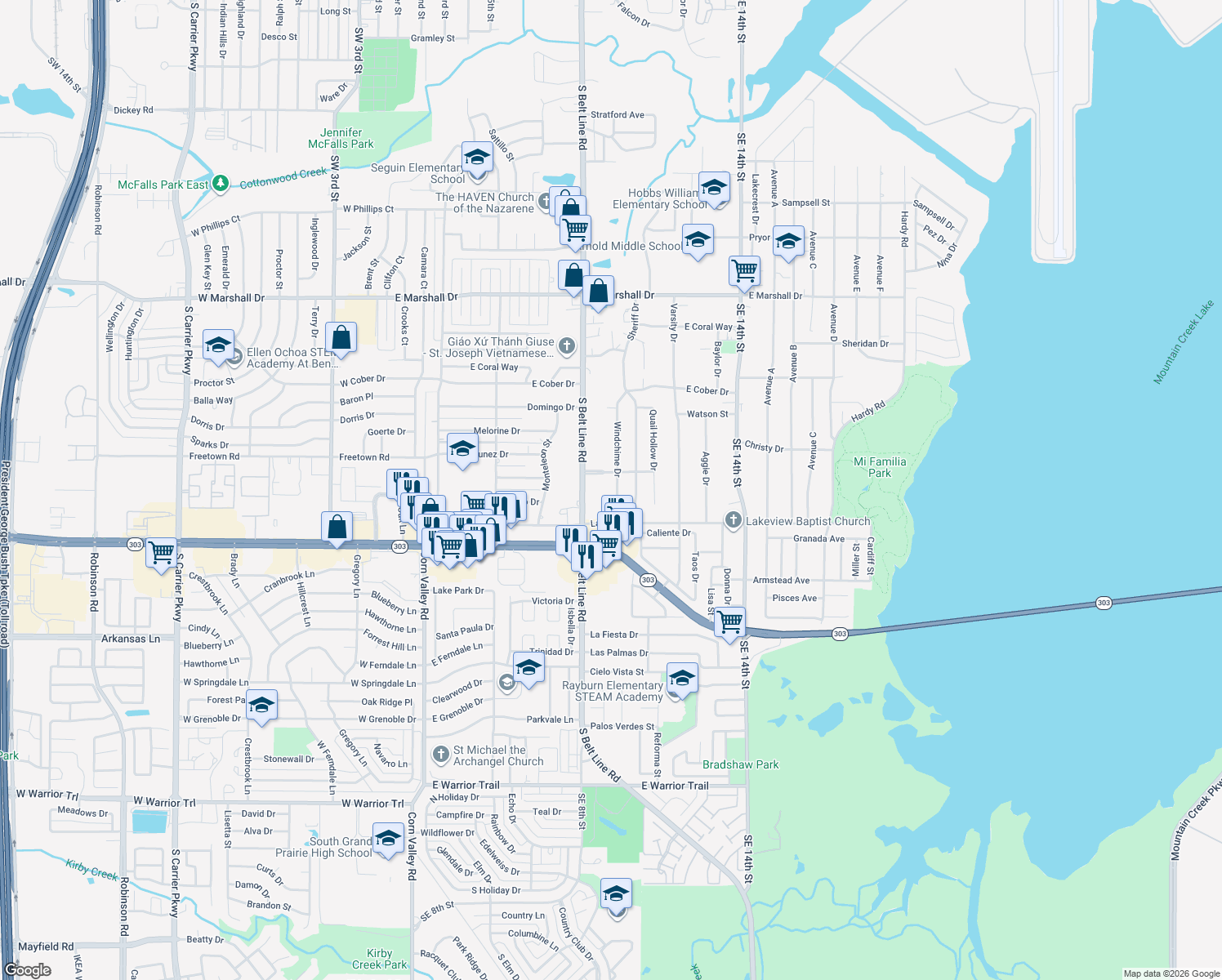 map of restaurants, bars, coffee shops, grocery stores, and more near 2313 Windchime Drive in Grand Prairie