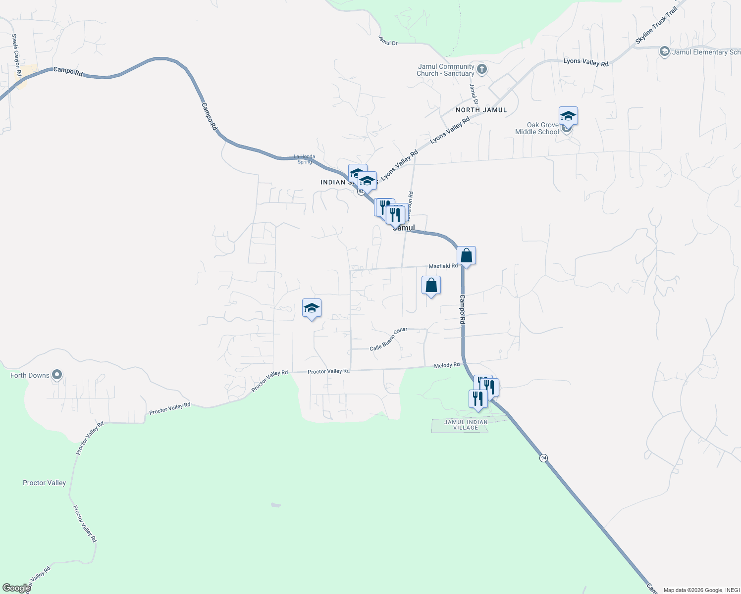 map of restaurants, bars, coffee shops, grocery stores, and more near 13945 Proctor Valley Road in Jamul