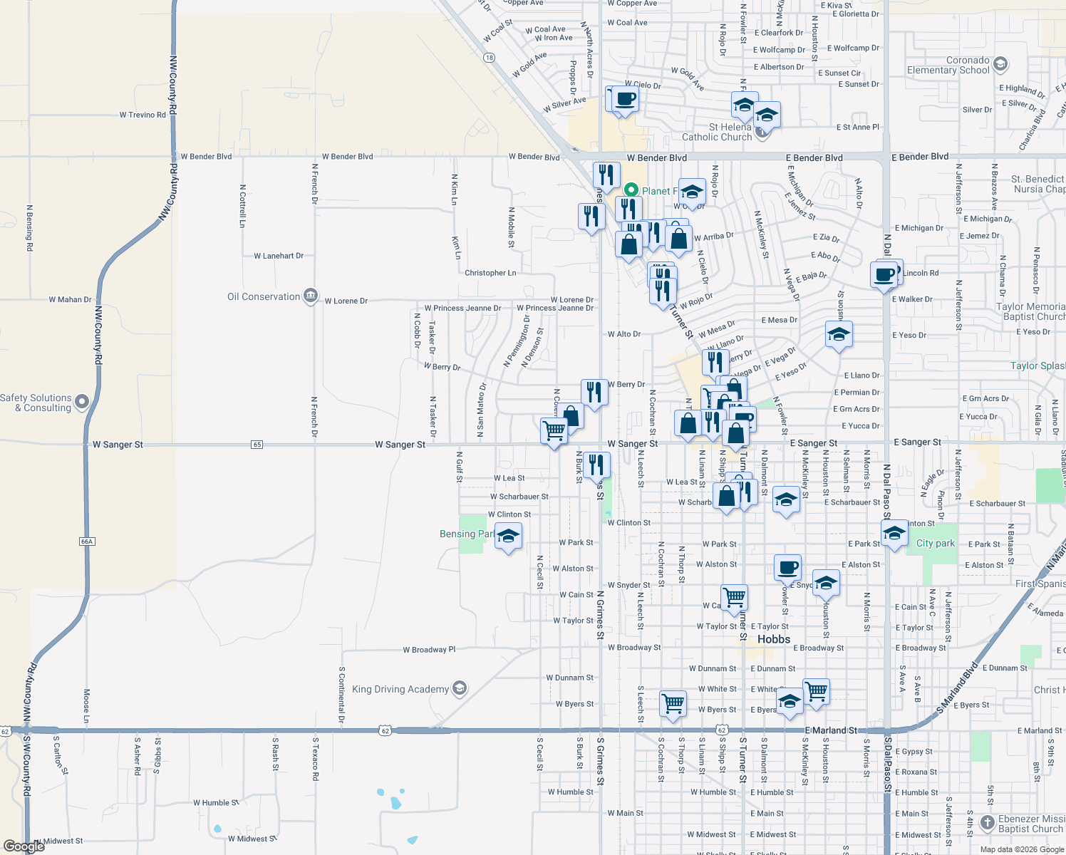 map of restaurants, bars, coffee shops, grocery stores, and more near 1123 North Cecil Street in Hobbs
