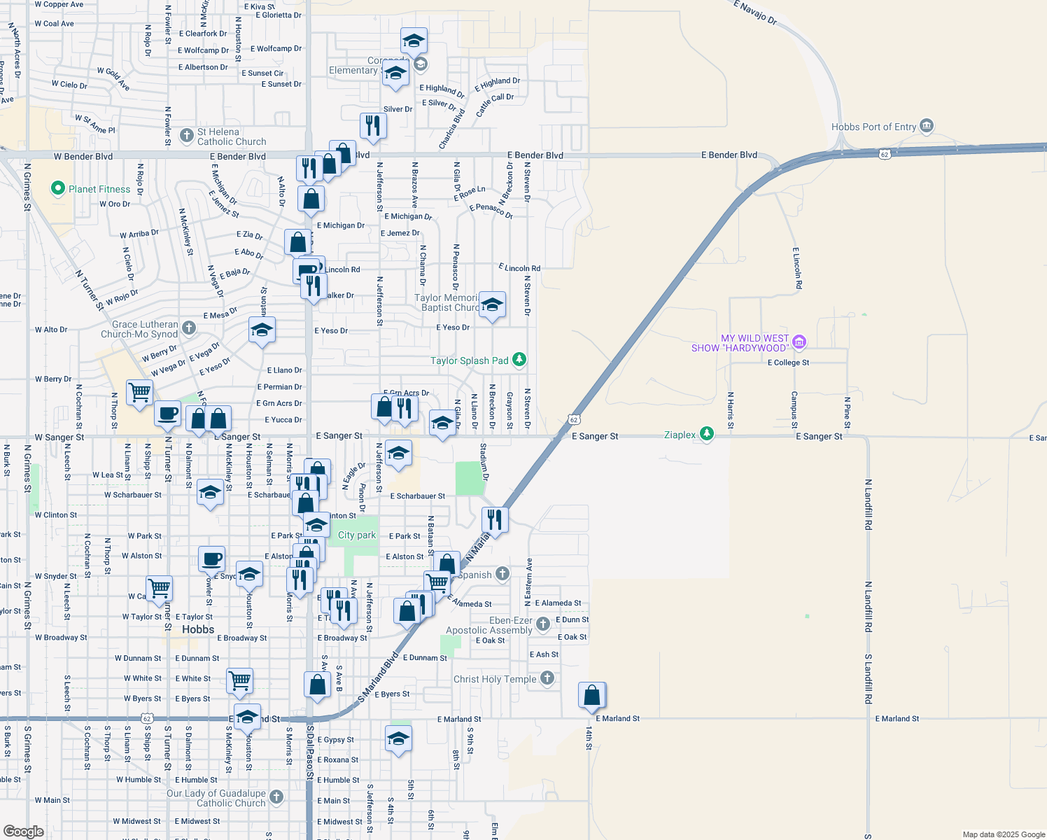 map of restaurants, bars, coffee shops, grocery stores, and more near 1123 N Steven Dr in Hobbs