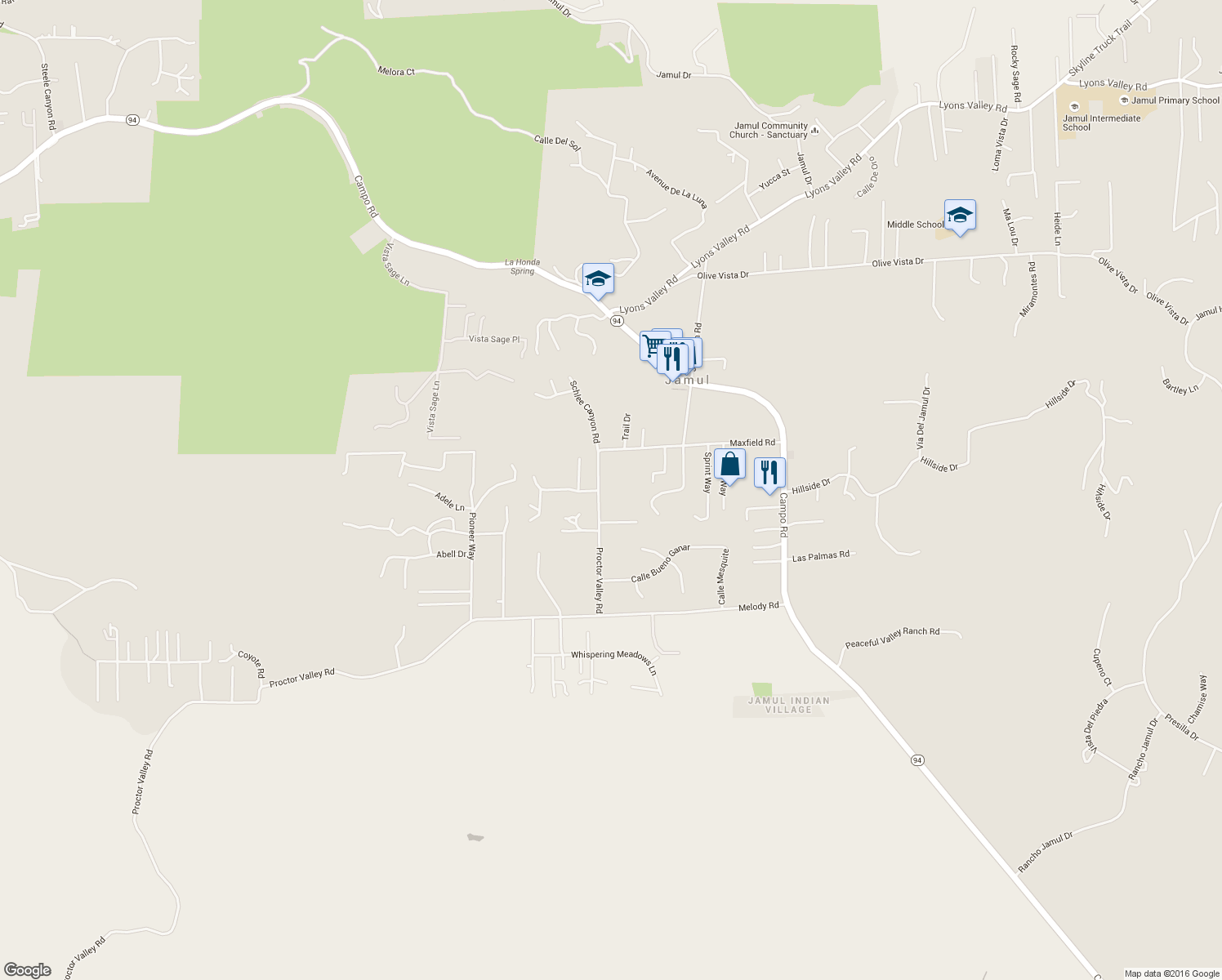 map of restaurants, bars, coffee shops, grocery stores, and more near 13939 Proctor Valley Road in Jamul