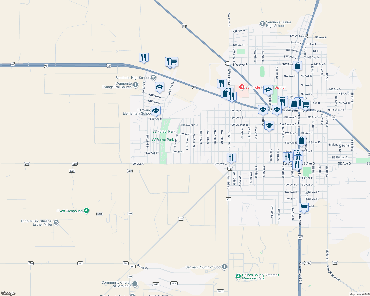 map of restaurants, bars, coffee shops, grocery stores, and more near 504 Southwest 17th Street in Seminole