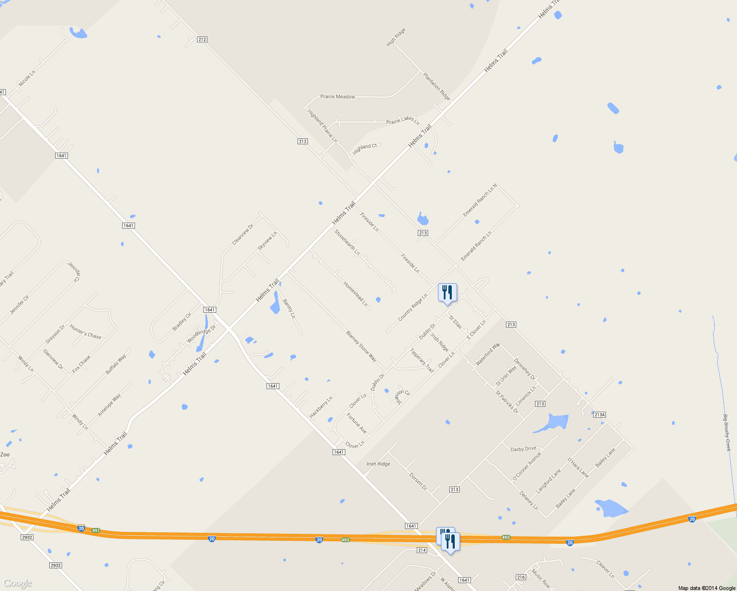 map of restaurants, bars, coffee shops, grocery stores, and more near 9389 Homestead Lane in Forney