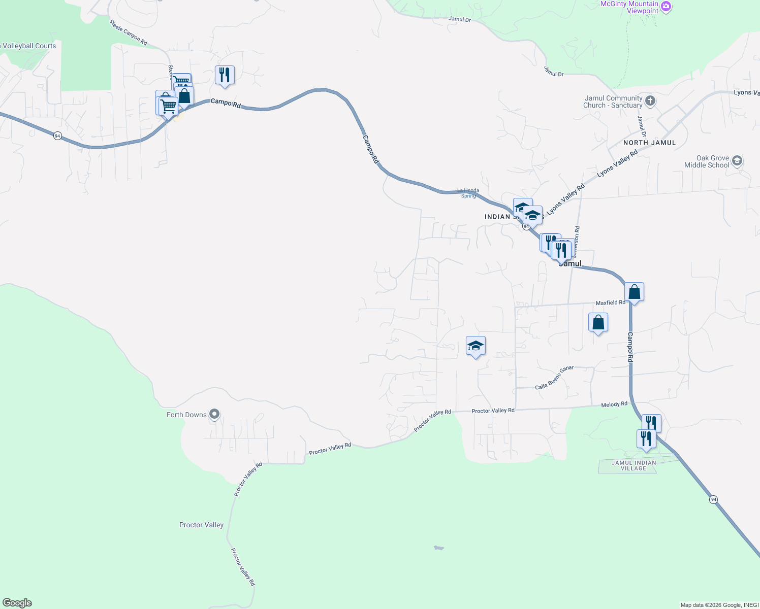 map of restaurants, bars, coffee shops, grocery stores, and more near 13658 Sage Mountain Lane in Jamul