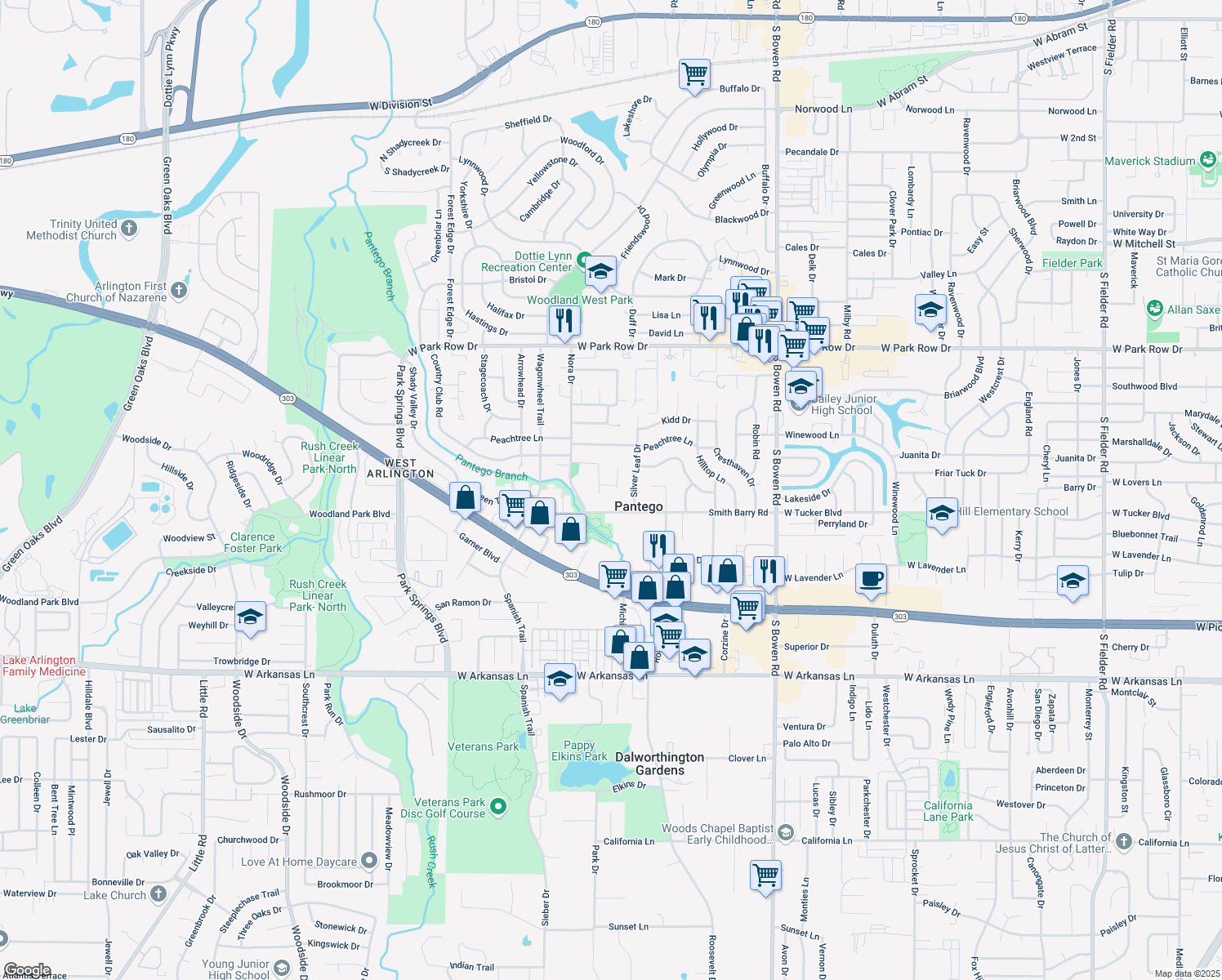 map of restaurants, bars, coffee shops, grocery stores, and more near 2 Gregory Court in Pantego