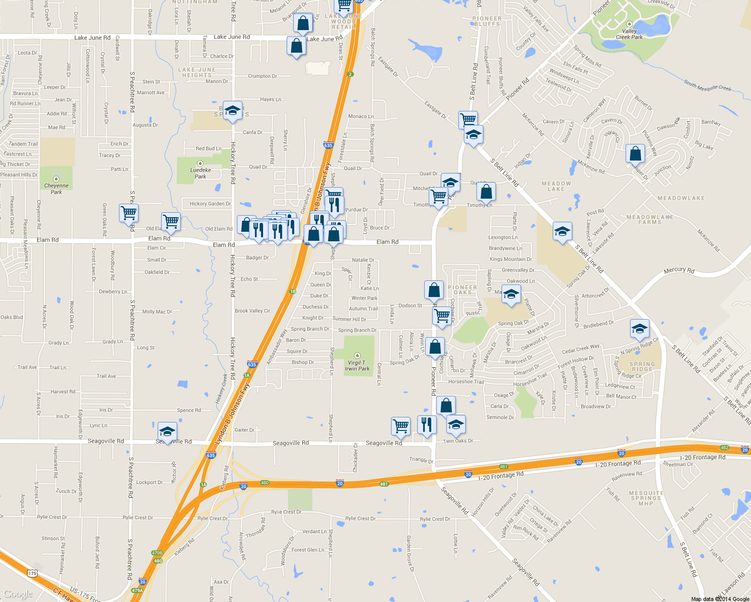 map of restaurants, bars, coffee shops, grocery stores, and more near 12708 Winter Park in Balch Springs