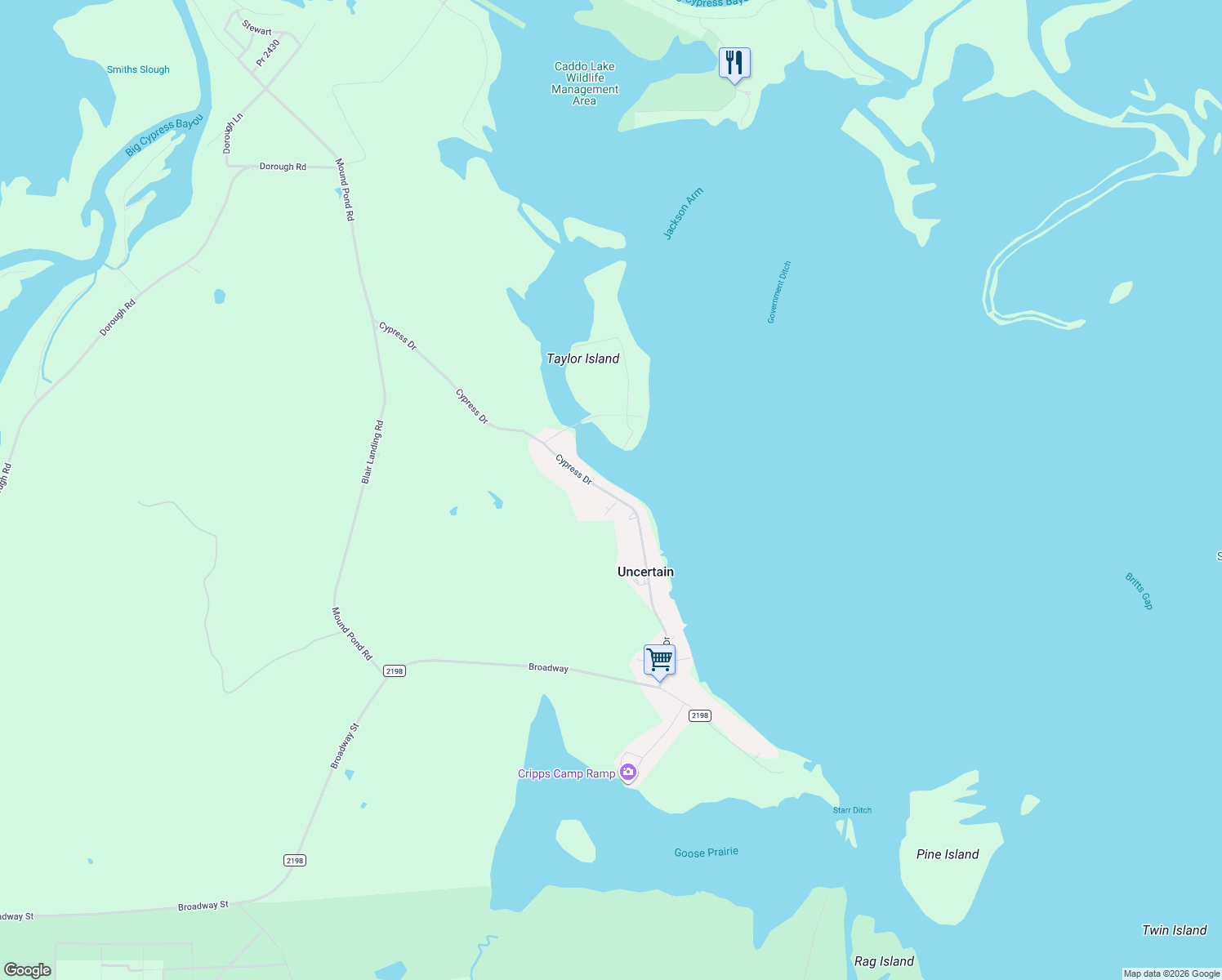 map of restaurants, bars, coffee shops, grocery stores, and more near 724 Cypress Dr in Karnack