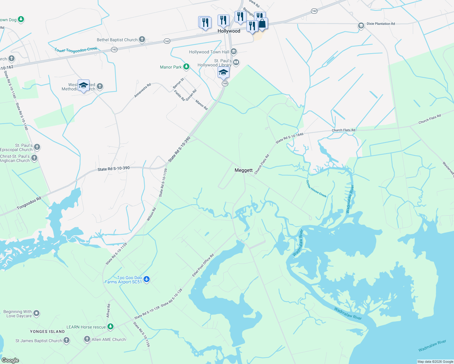 map of restaurants, bars, coffee shops, grocery stores, and more near 6352 Meggett Quail Road in Meggett