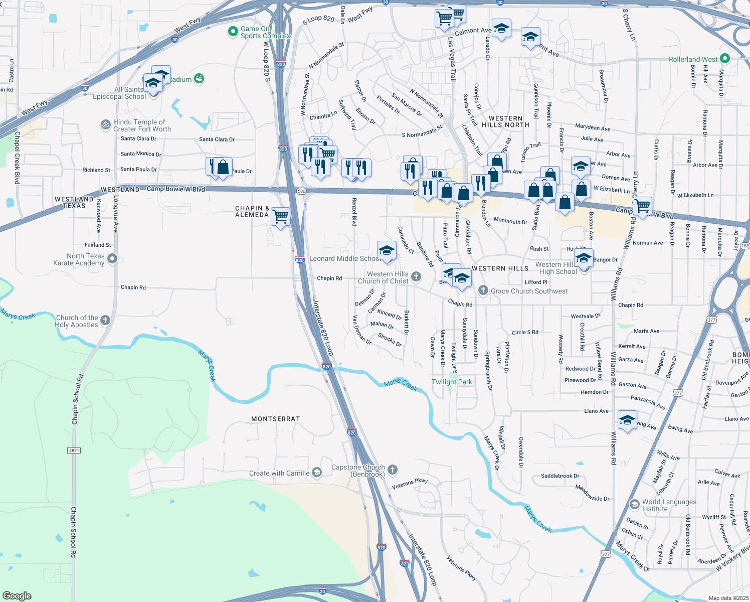 map of restaurants, bars, coffee shops, grocery stores, and more near 3832 Carman Drive in Benbrook