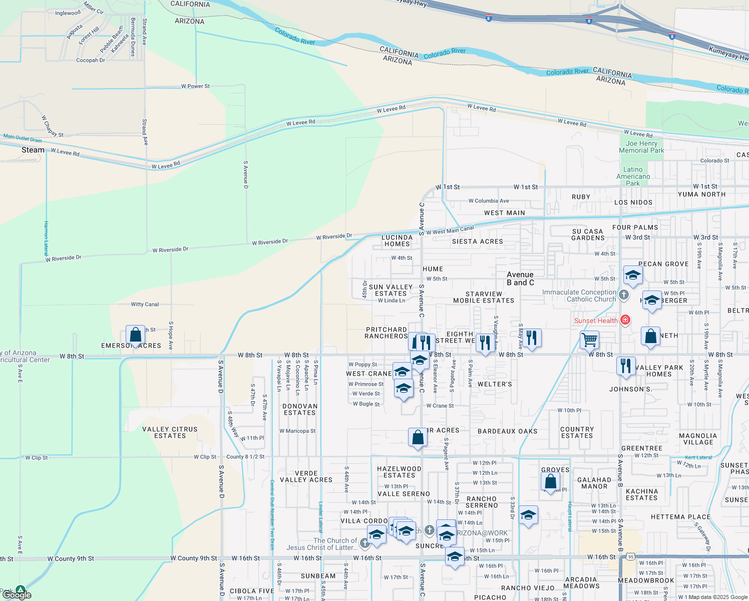 map of restaurants, bars, coffee shops, grocery stores, and more near 4299 West Linda Lane in Yuma