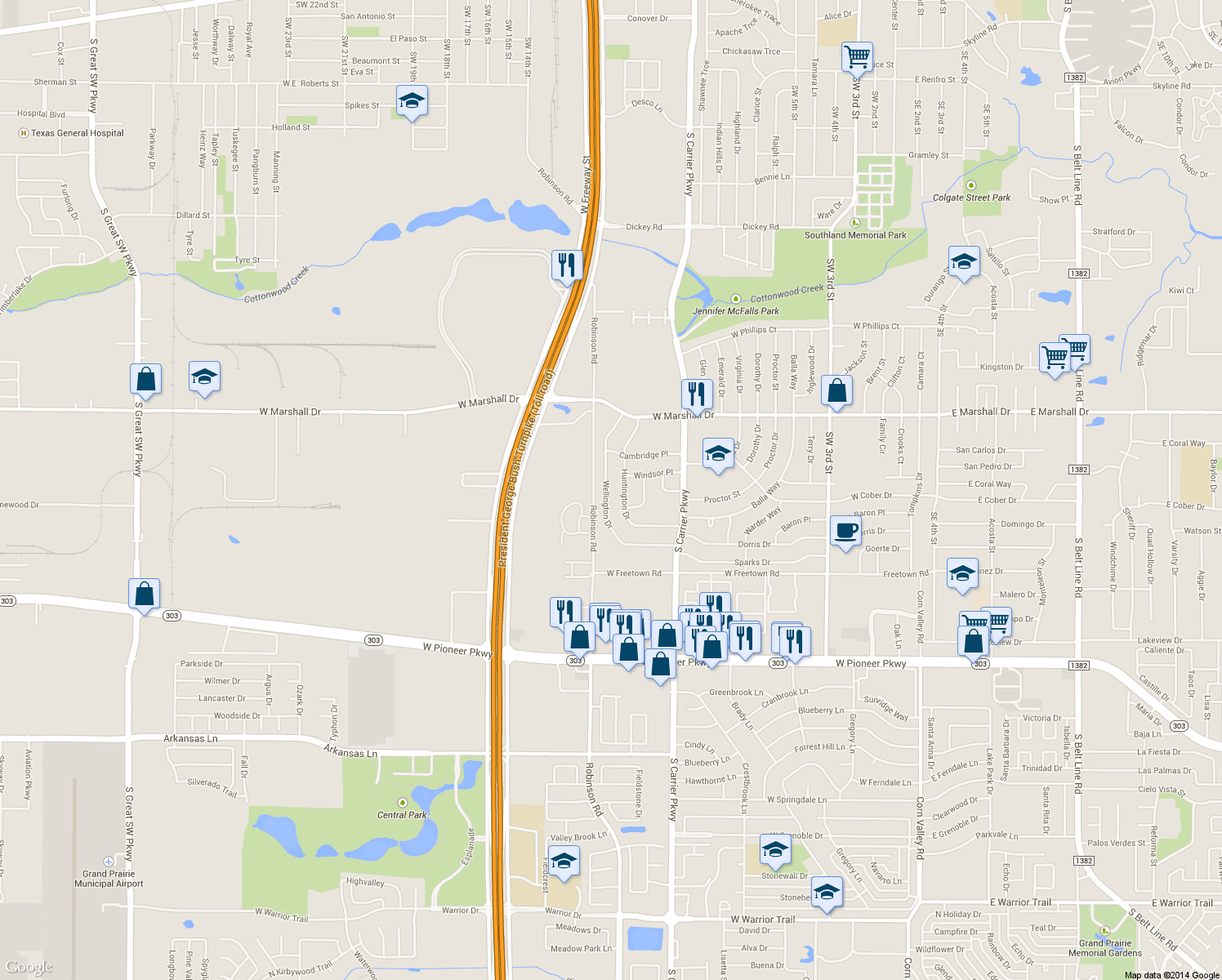map of restaurants, bars, coffee shops, grocery stores, and more near 2009 Wellington Drive in Grand Prairie