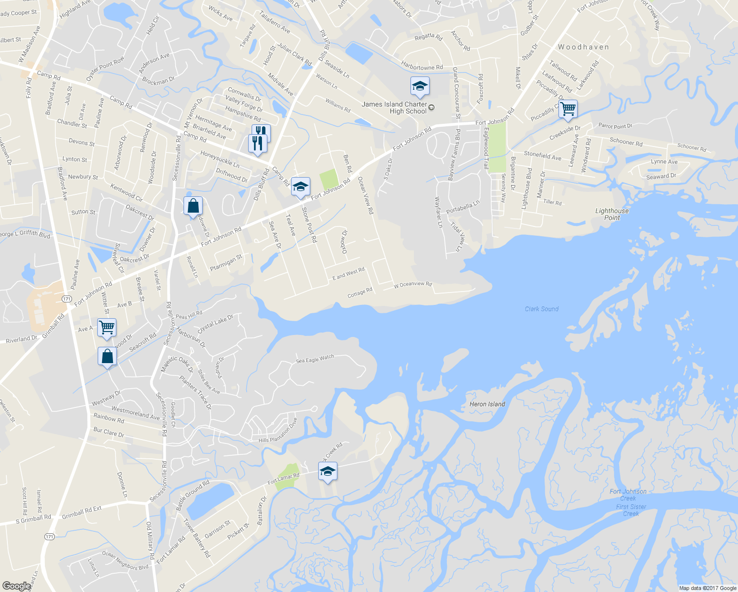 map of restaurants, bars, coffee shops, grocery stores, and more near 1133 Cottage Road in Charleston