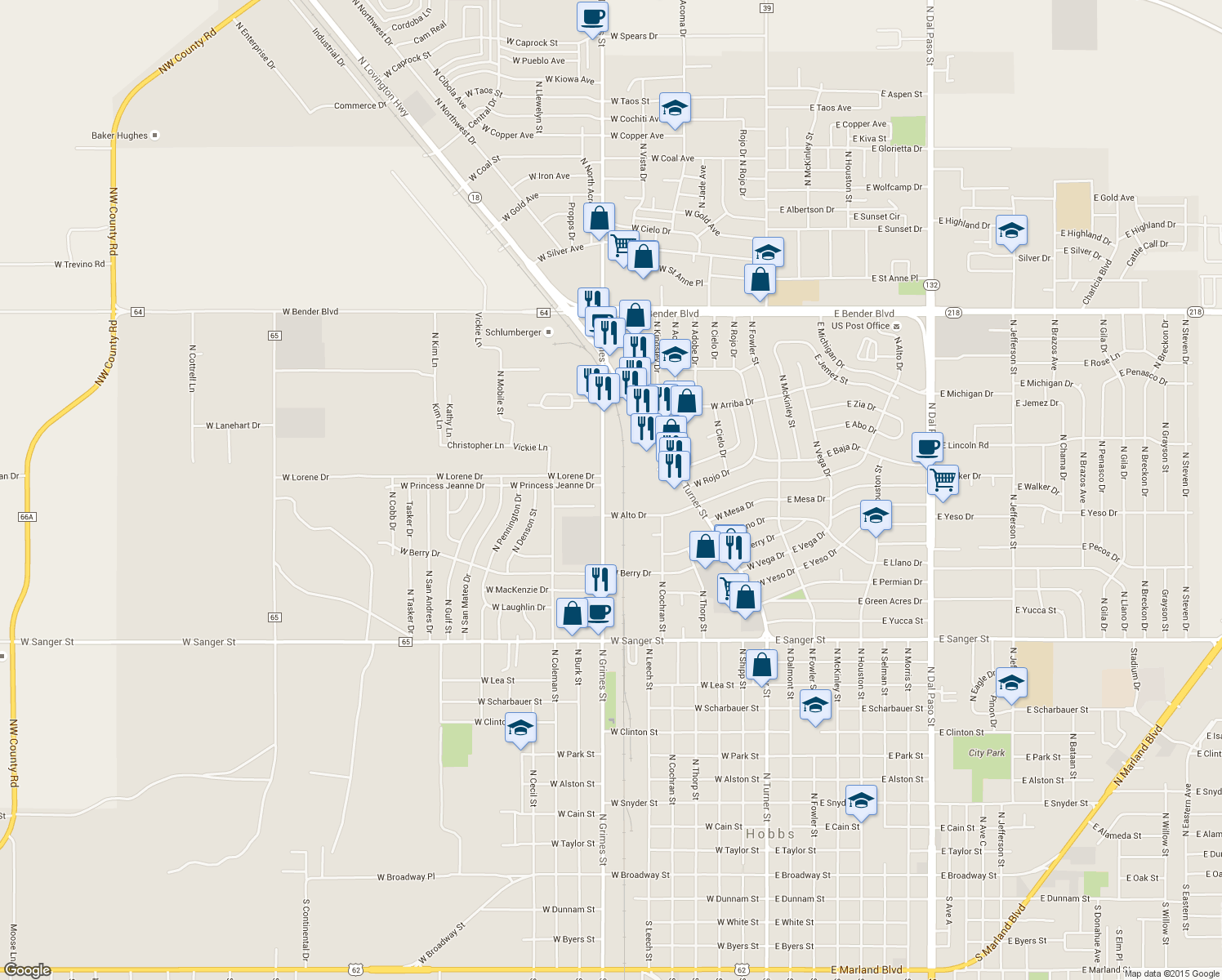map of restaurants, bars, coffee shops, grocery stores, and more near 1700 North Grimes Street in Hobbs