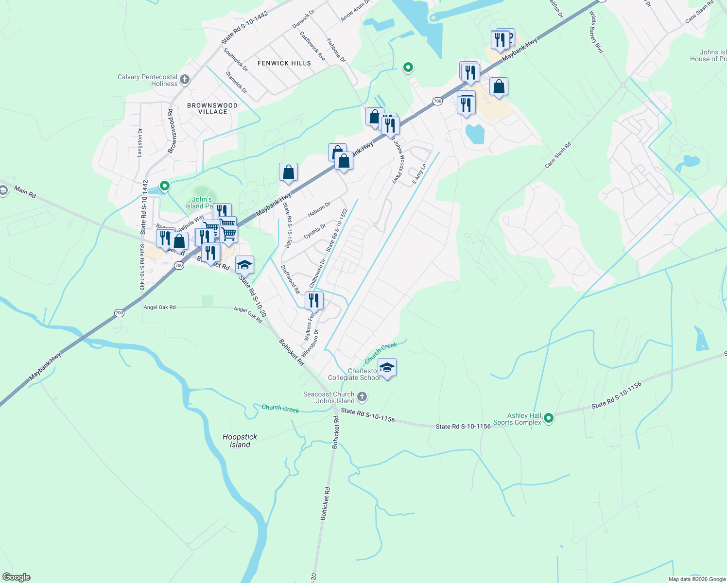 map of restaurants, bars, coffee shops, grocery stores, and more near 3504 Berryhill Road in Johns Island