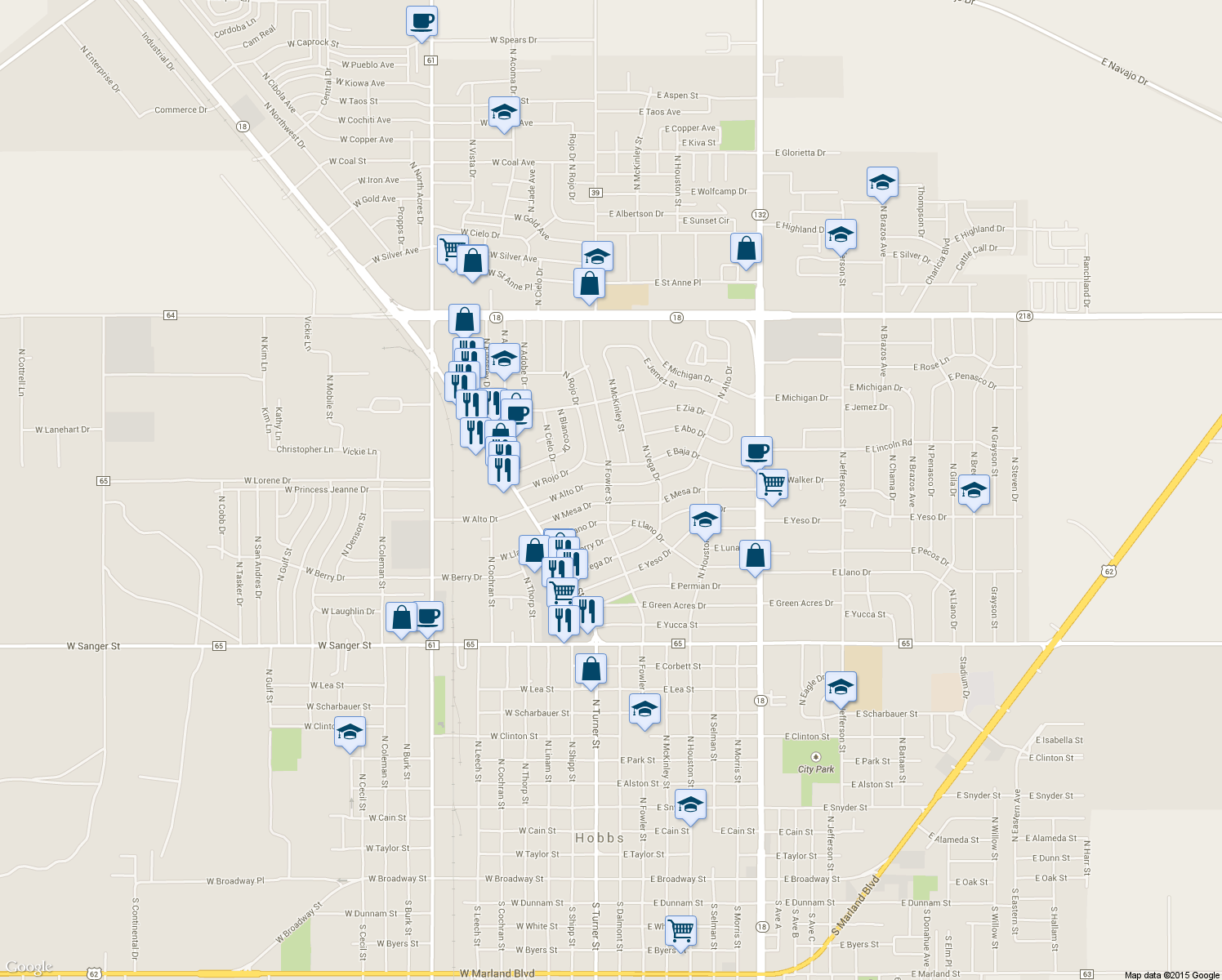 map of restaurants, bars, coffee shops, grocery stores, and more near 101 E Alto Dr in Hobbs