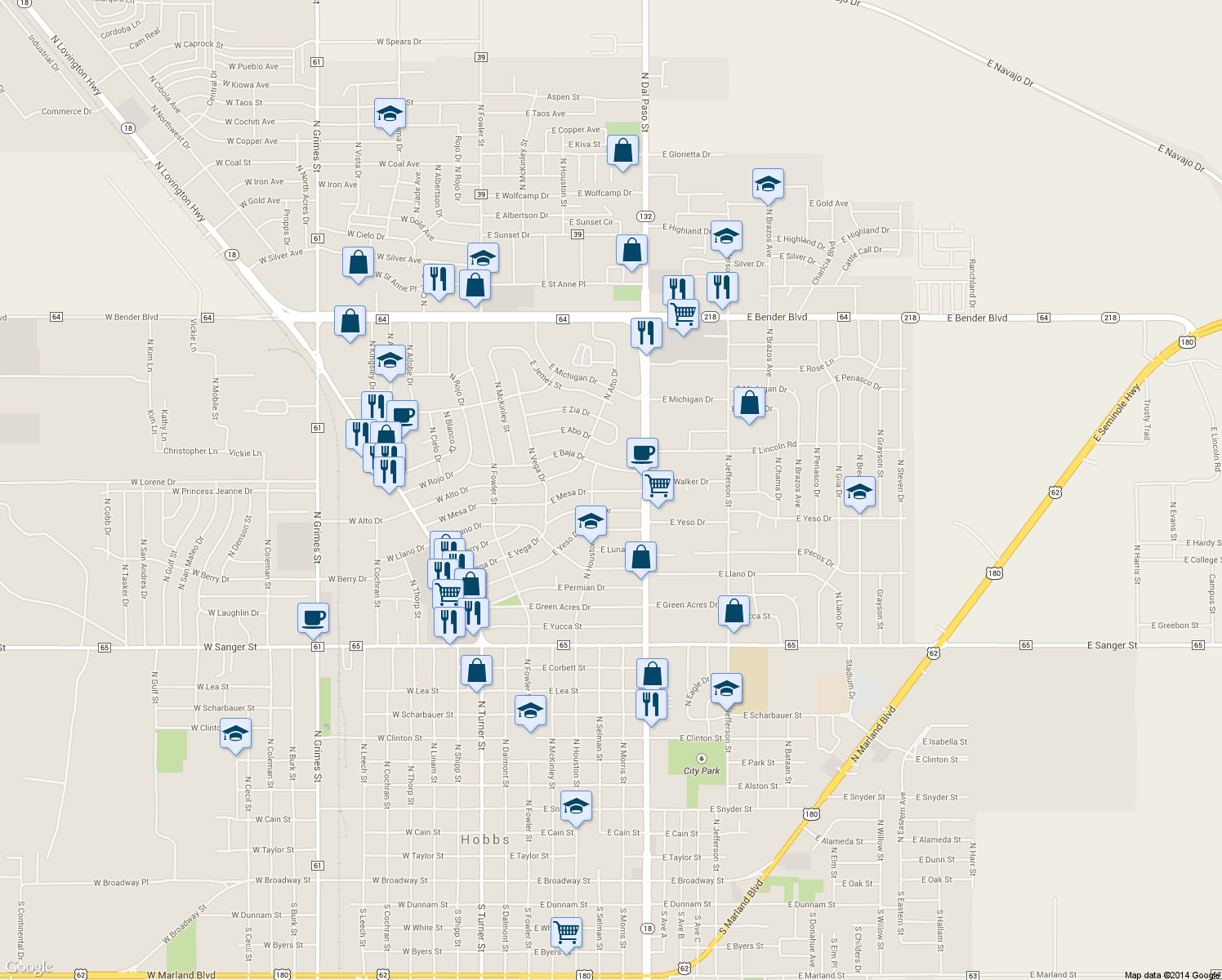 map of restaurants, bars, coffee shops, grocery stores, and more near 616 East Mesa Drive in Hobbs