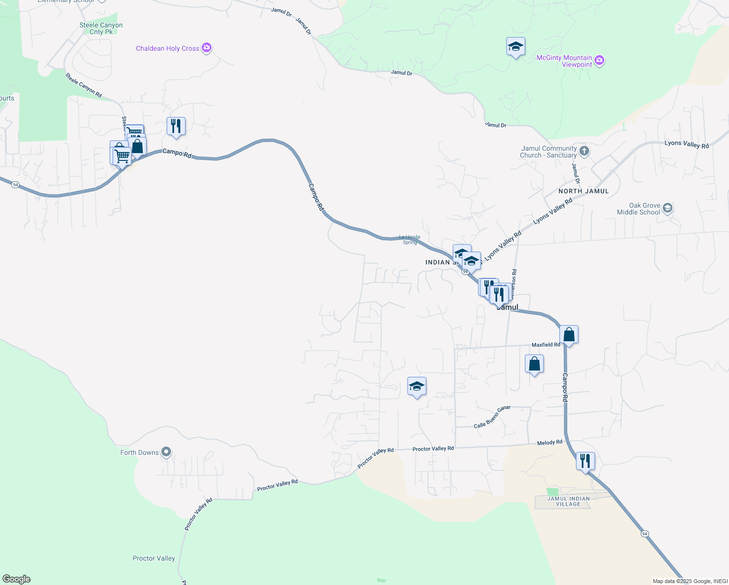 map of restaurants, bars, coffee shops, grocery stores, and more near 13585 Vista Sage Lane in Jamul
