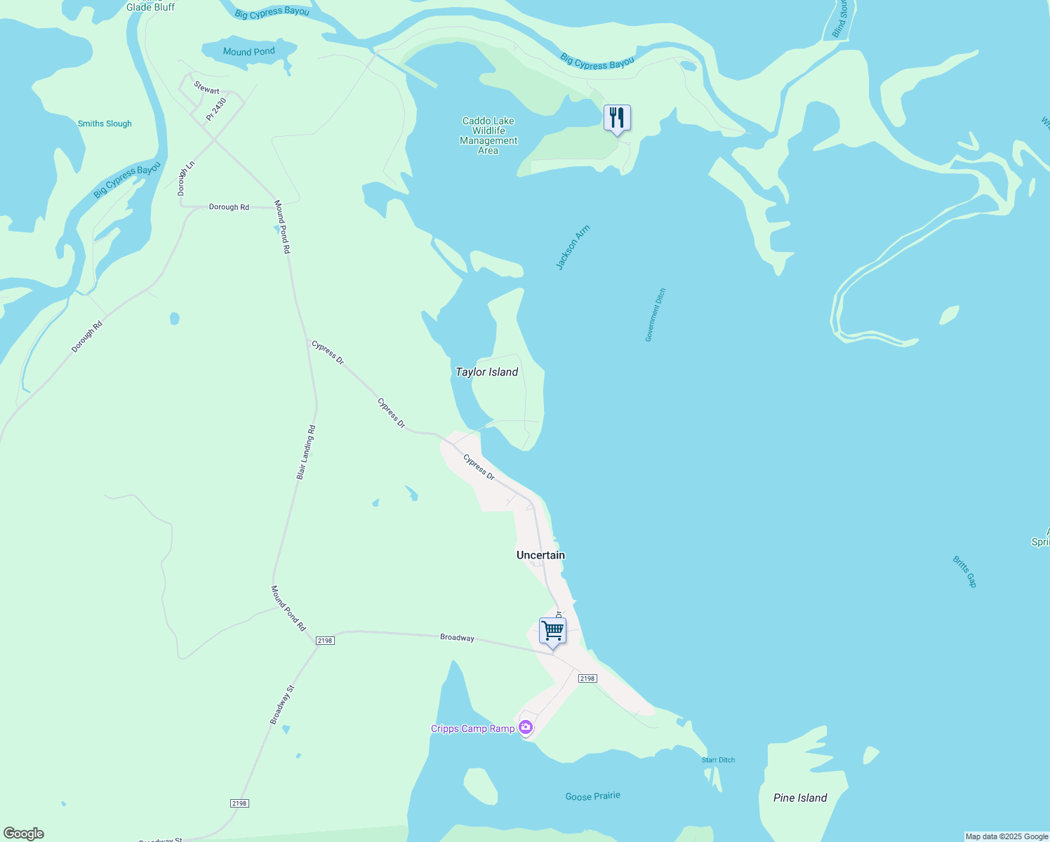 map of restaurants, bars, coffee shops, grocery stores, and more near 144 Mossy Brake Drive in Karnack
