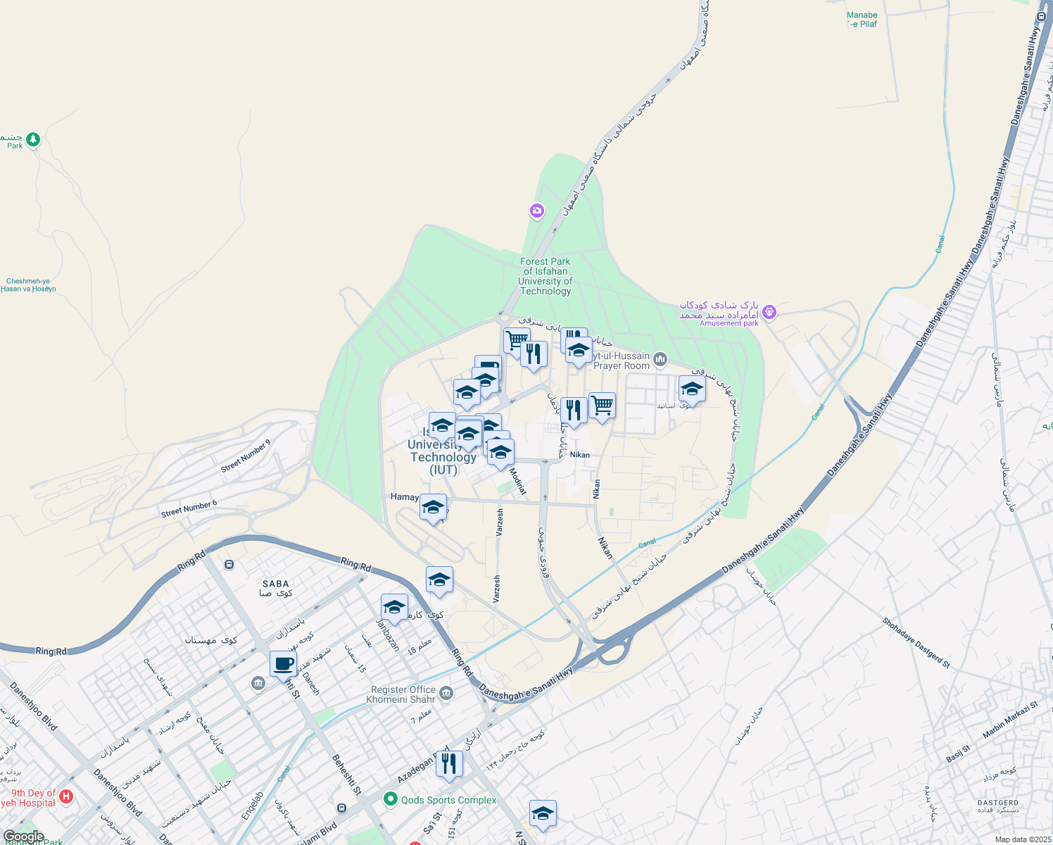 map of restaurants, bars, coffee shops, grocery stores, and more near Abrisham Road in Khomeynishahr