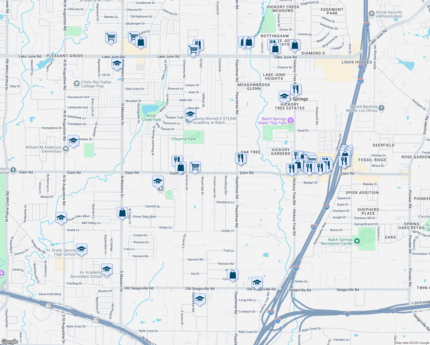 map of restaurants, bars, coffee shops, grocery stores, and more near 11201 Elam Road in Balch Springs