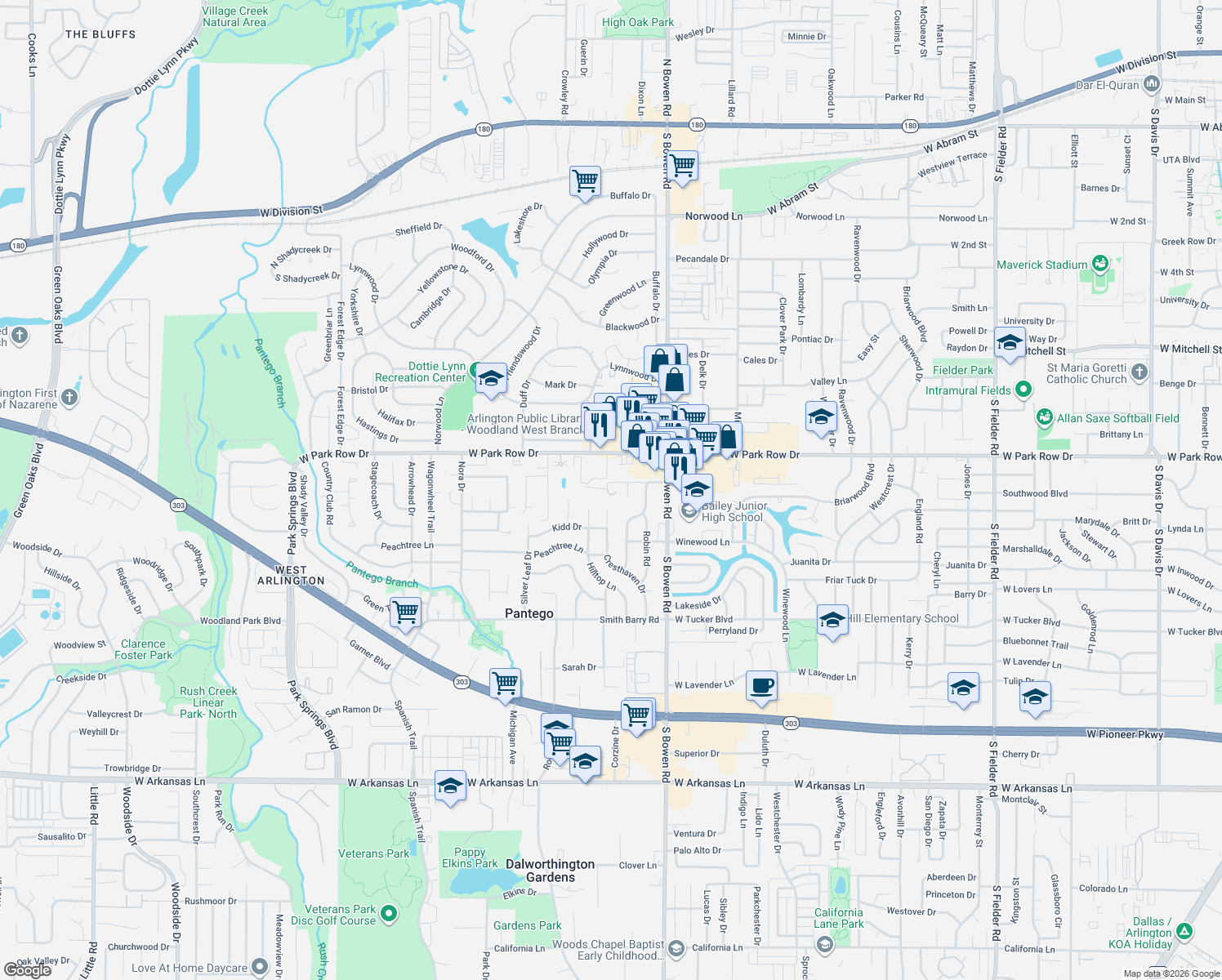 map of restaurants, bars, coffee shops, grocery stores, and more near 2600 Miller Lane in Pantego