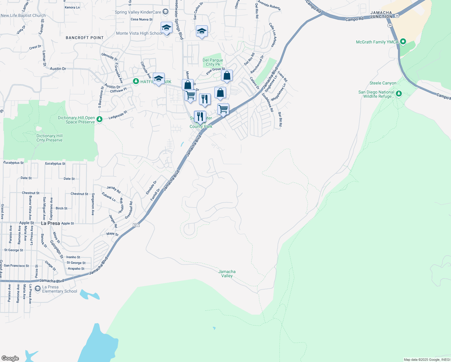 map of restaurants, bars, coffee shops, grocery stores, and more near 10404 Magical Waters Court in Spring Valley