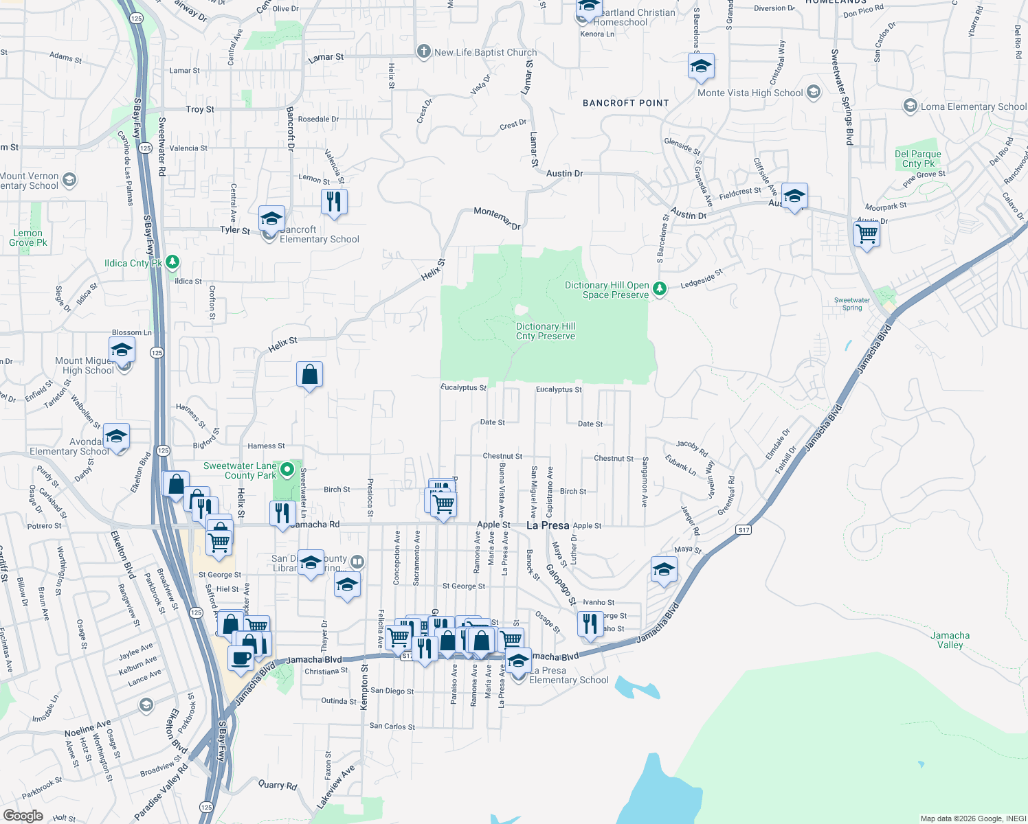 map of restaurants, bars, coffee shops, grocery stores, and more near 1626 La Presa Avenue in Spring Valley