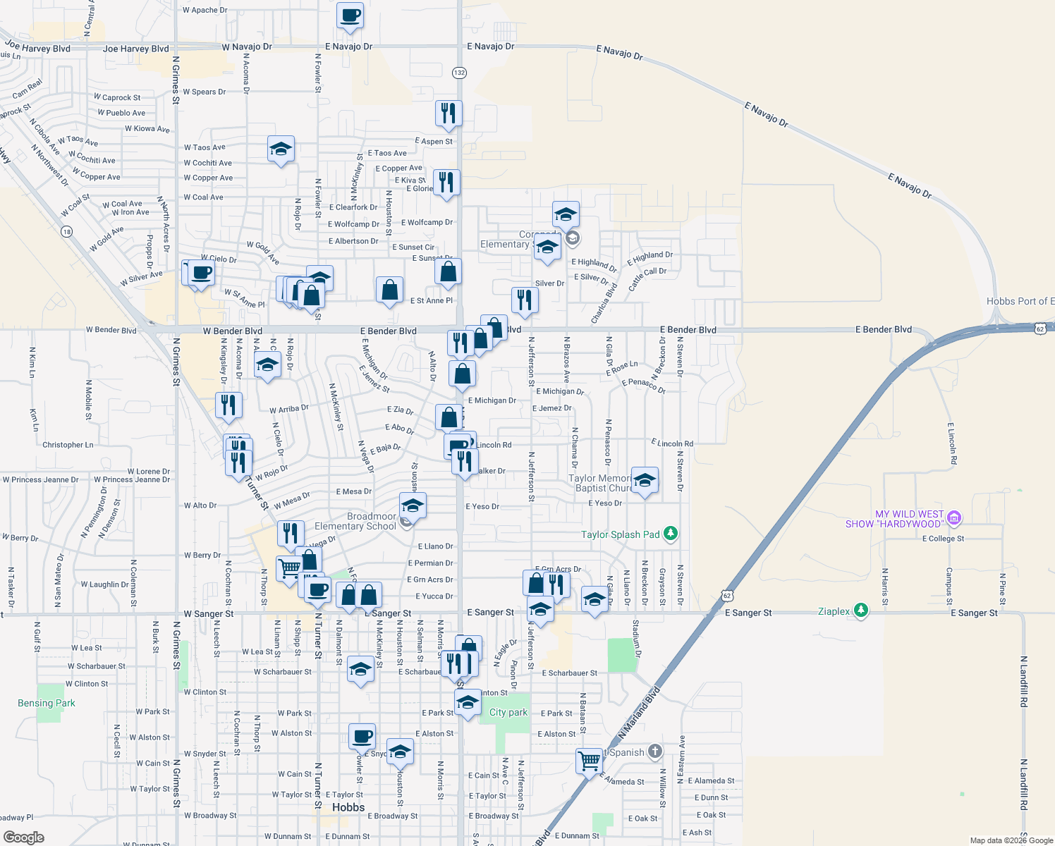 map of restaurants, bars, coffee shops, grocery stores, and more near 1022 E Jackson Rd in Hobbs