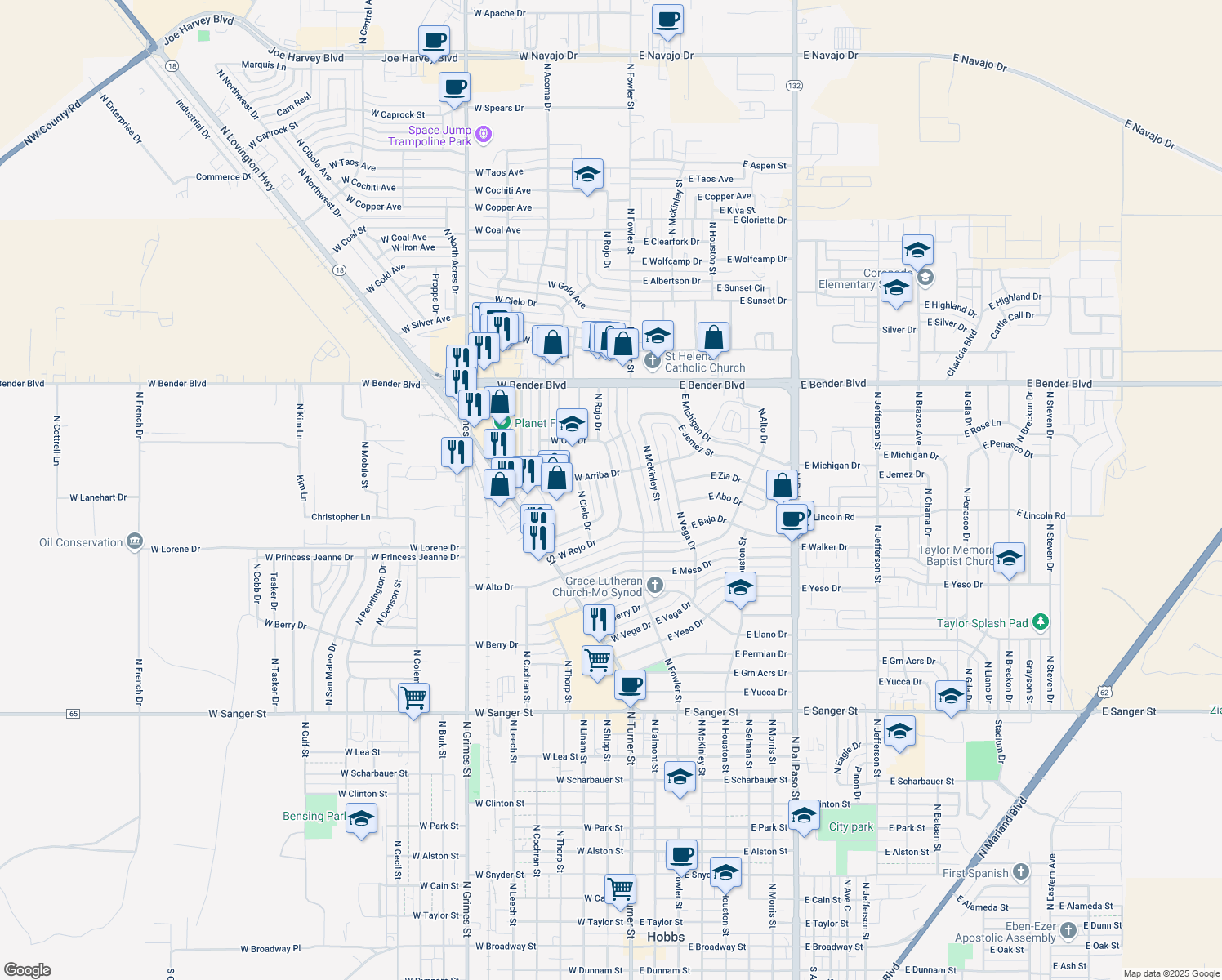 map of restaurants, bars, coffee shops, grocery stores, and more near 1919 N Rojo Dr in Hobbs