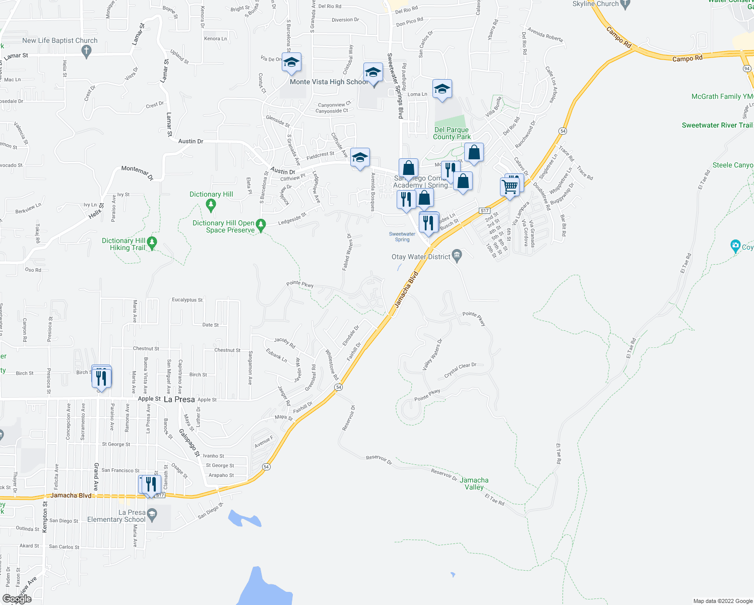 map of restaurants, bars, coffee shops, grocery stores, and more near 2718 Pointe Parkway in Spring Valley