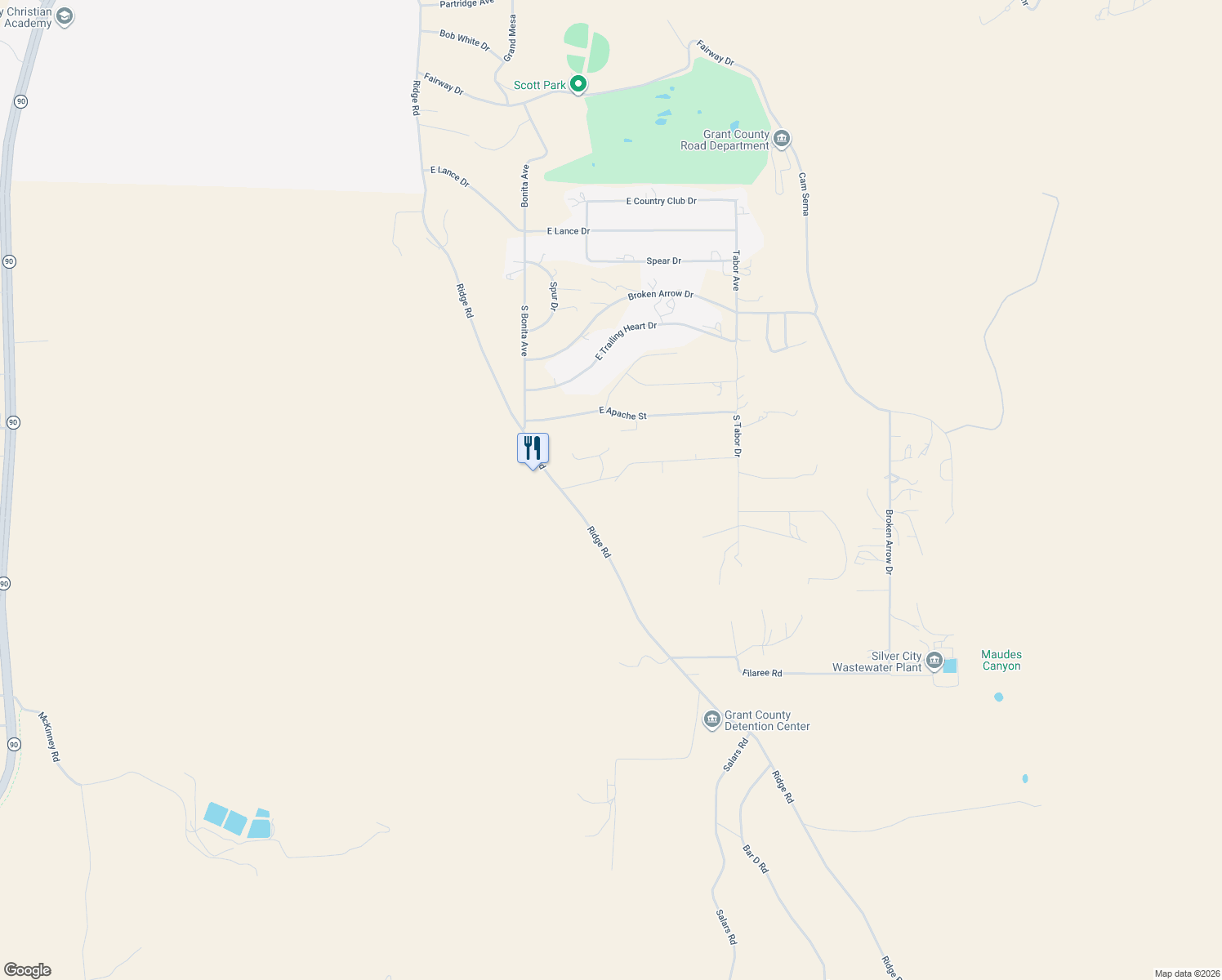 map of restaurants, bars, coffee shops, grocery stores, and more near 255 Ridge Road in Silver City