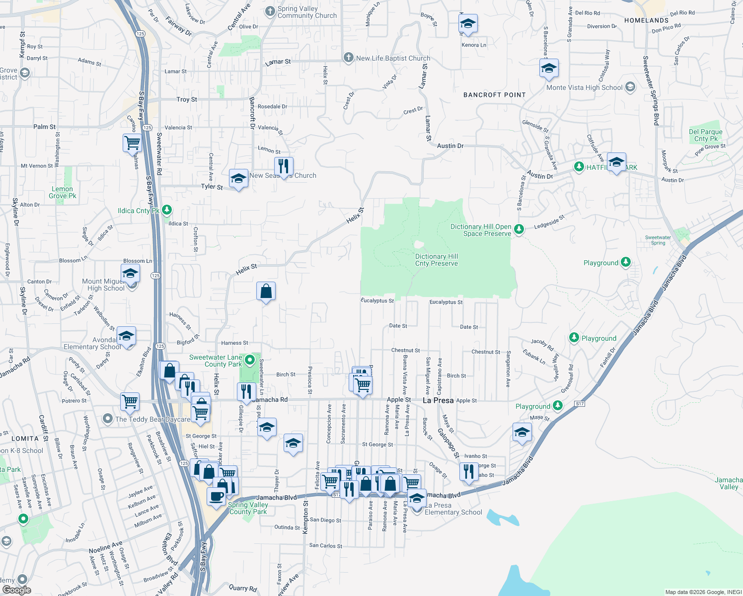 map of restaurants, bars, coffee shops, grocery stores, and more near 9428 Eucalyptus Street in Spring Valley