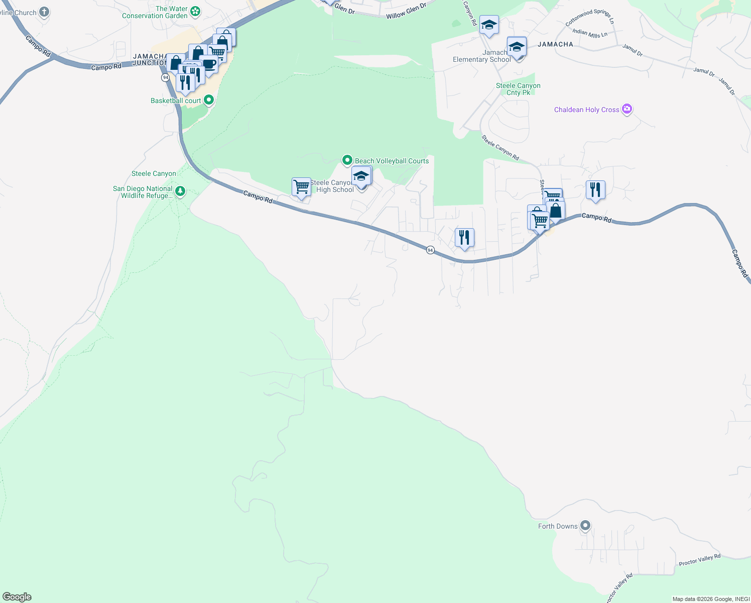 map of restaurants, bars, coffee shops, grocery stores, and more near 3041 Millar Ranch Road in Spring Valley